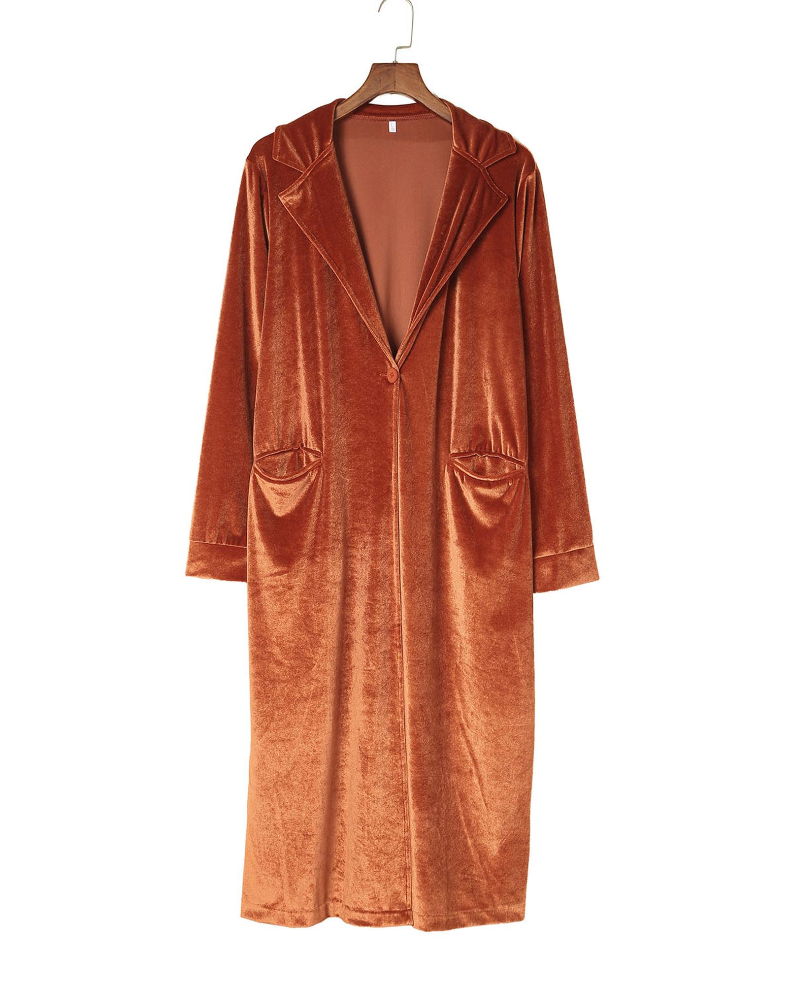 V539-AZEXDC8511092-17-M-202508310040-01 Brown Retro Velvet Long Sleeve Pocket Coat - M - Image 2