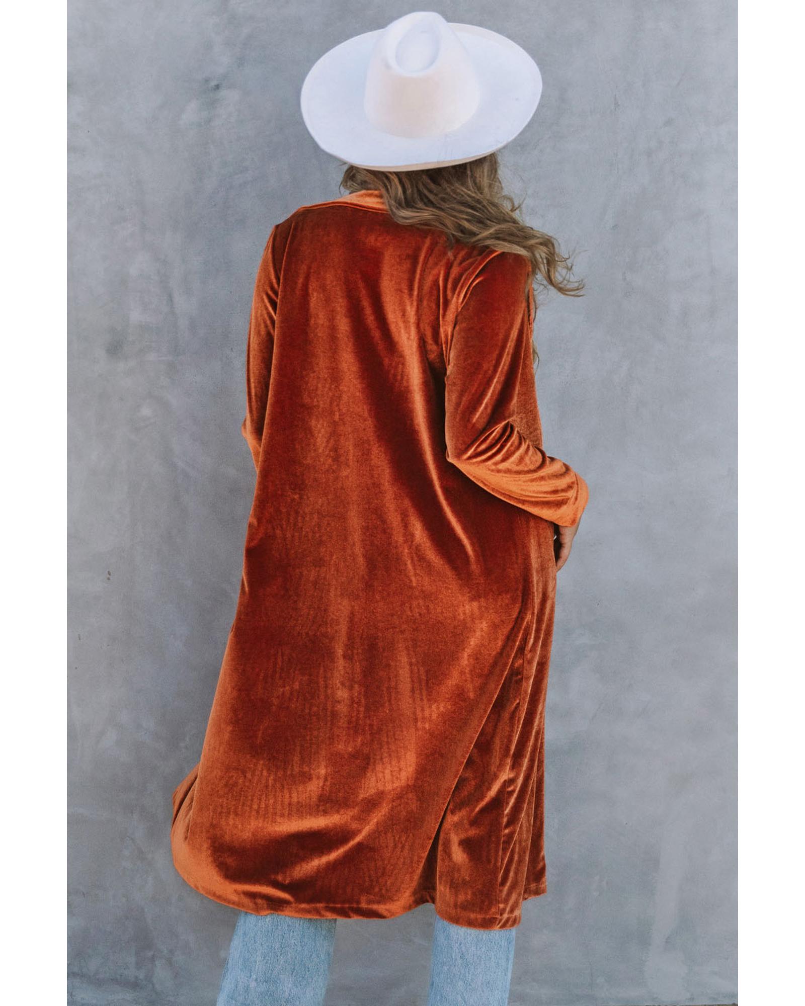 V539-AZEXDC8511092-17-S-202506151412-02 Brown Retro Velvet Long Sleeve Pocket Coat - S - Image 3
