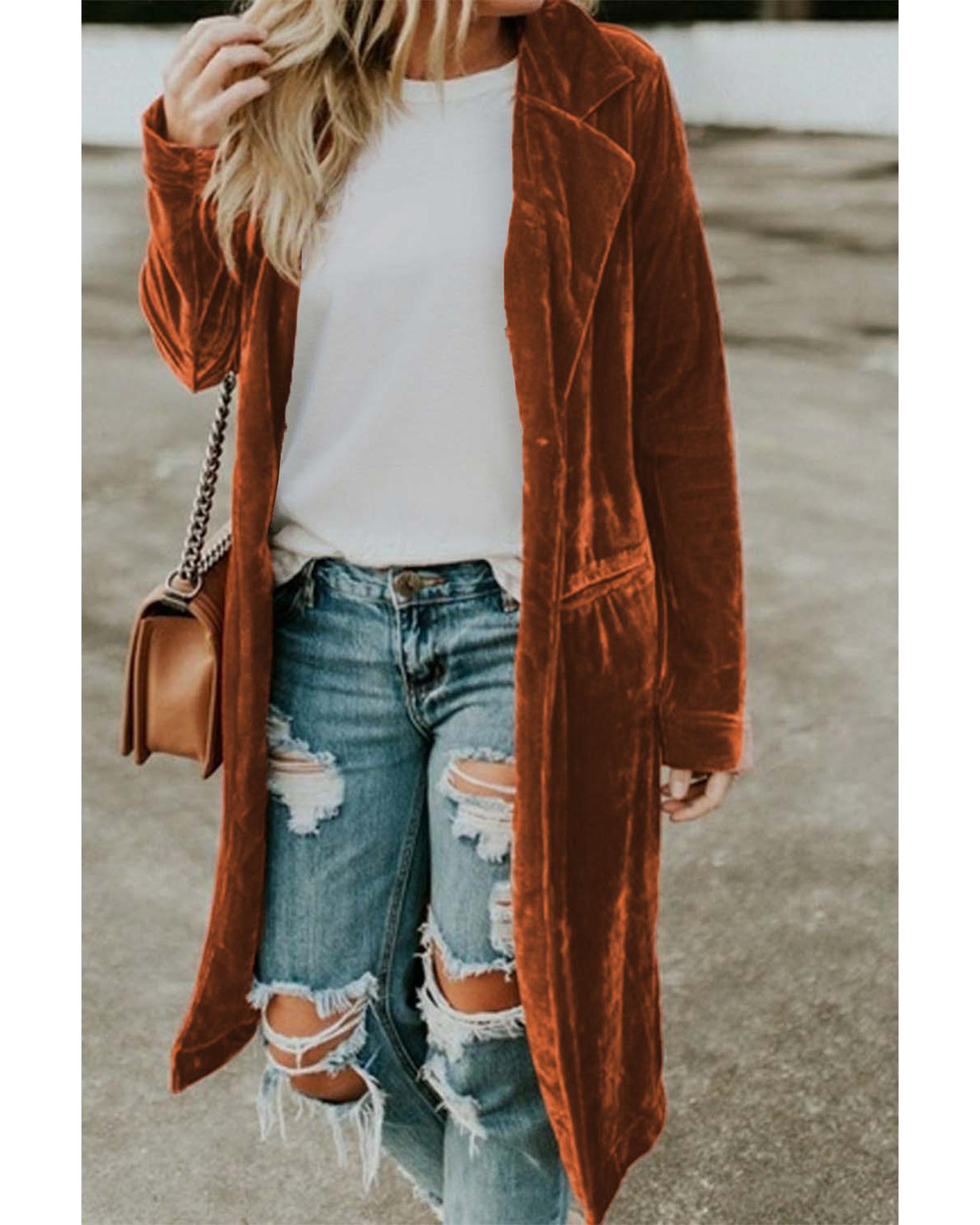 V539-AZEXDC8511092-17-S-202506151412-03 Brown Retro Velvet Long Sleeve Pocket Coat - S - Image 4