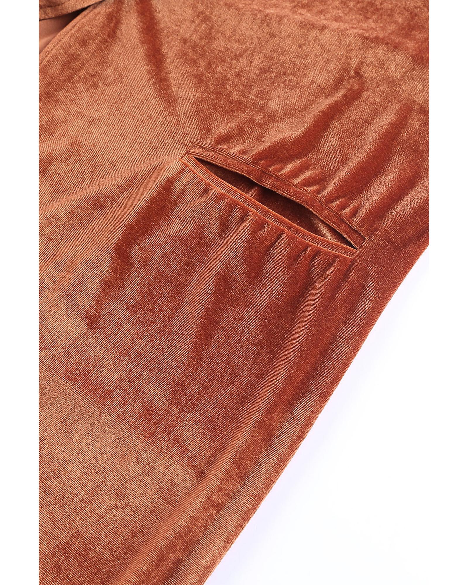 V539-AZEXDC8511092-17-S-202506151412-04 Brown Retro Velvet Long Sleeve Pocket Coat - S - Image 5