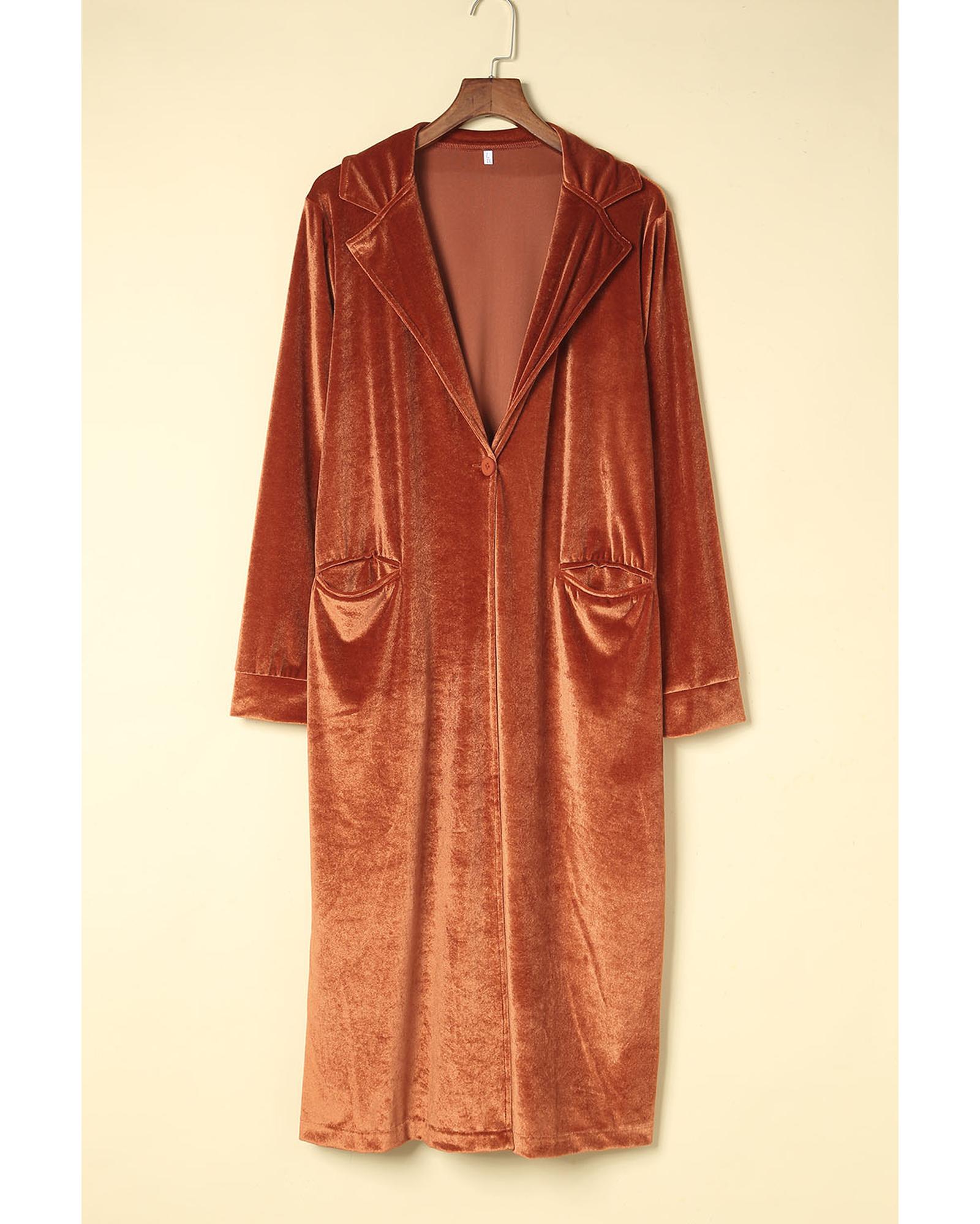 V539-AZEXDC8511092-17-S-202506151412-05 Brown Retro Velvet Long Sleeve Pocket Coat - S - Image 6