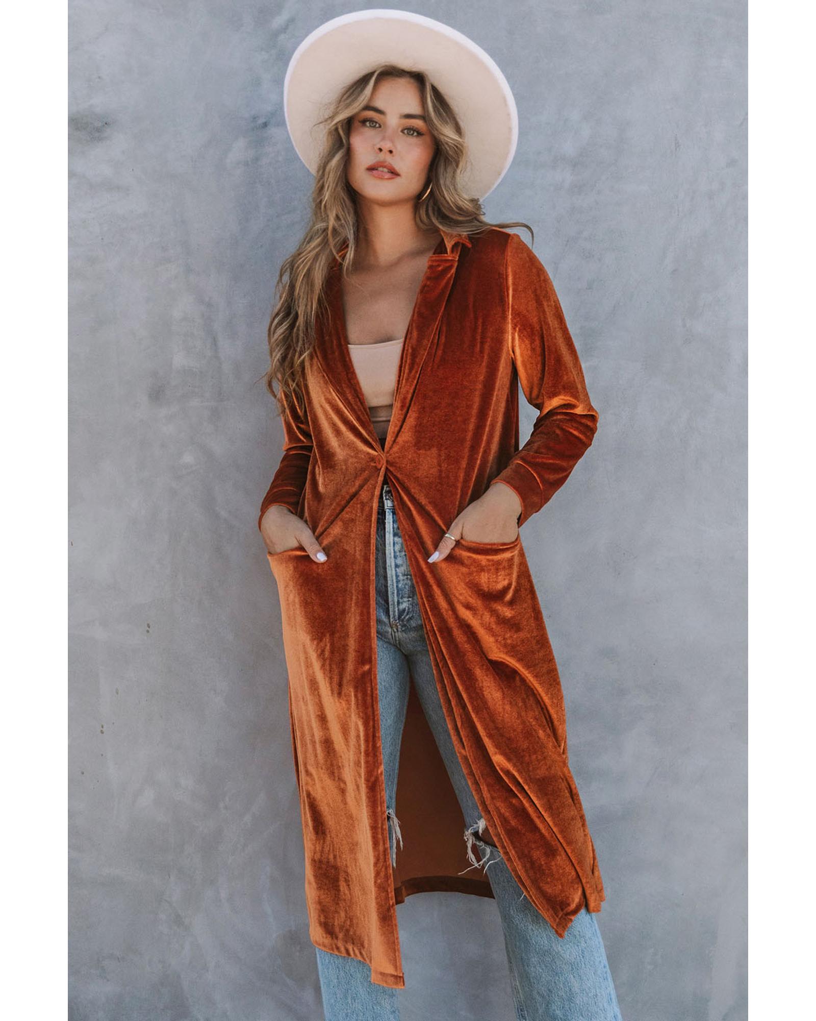V539-AZEXDC8511092-17-S-202506151412-06 Brown Retro Velvet Long Sleeve Pocket Coat - S - Image 7