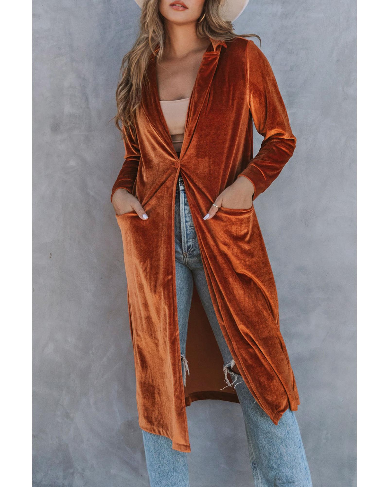V539-AZEXDC8511092-17-S-202506151412-07 Brown Retro Velvet Long Sleeve Pocket Coat - S - Image 8