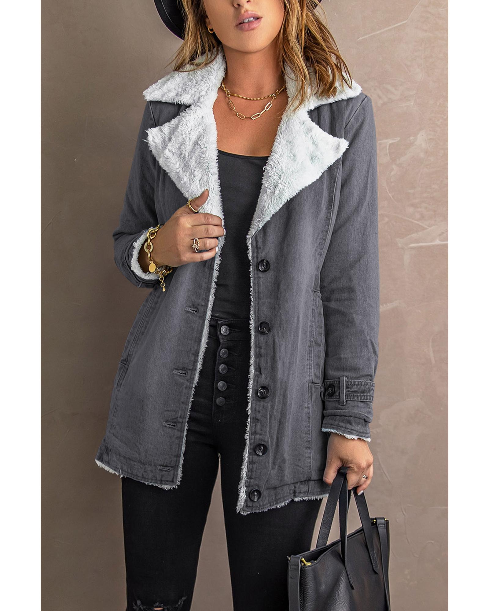 V539-AZEXDC8511336-11-2XL-202508300750-00 Gray Lapel Collar Button Fleece Jacket - 2XL - Image 1