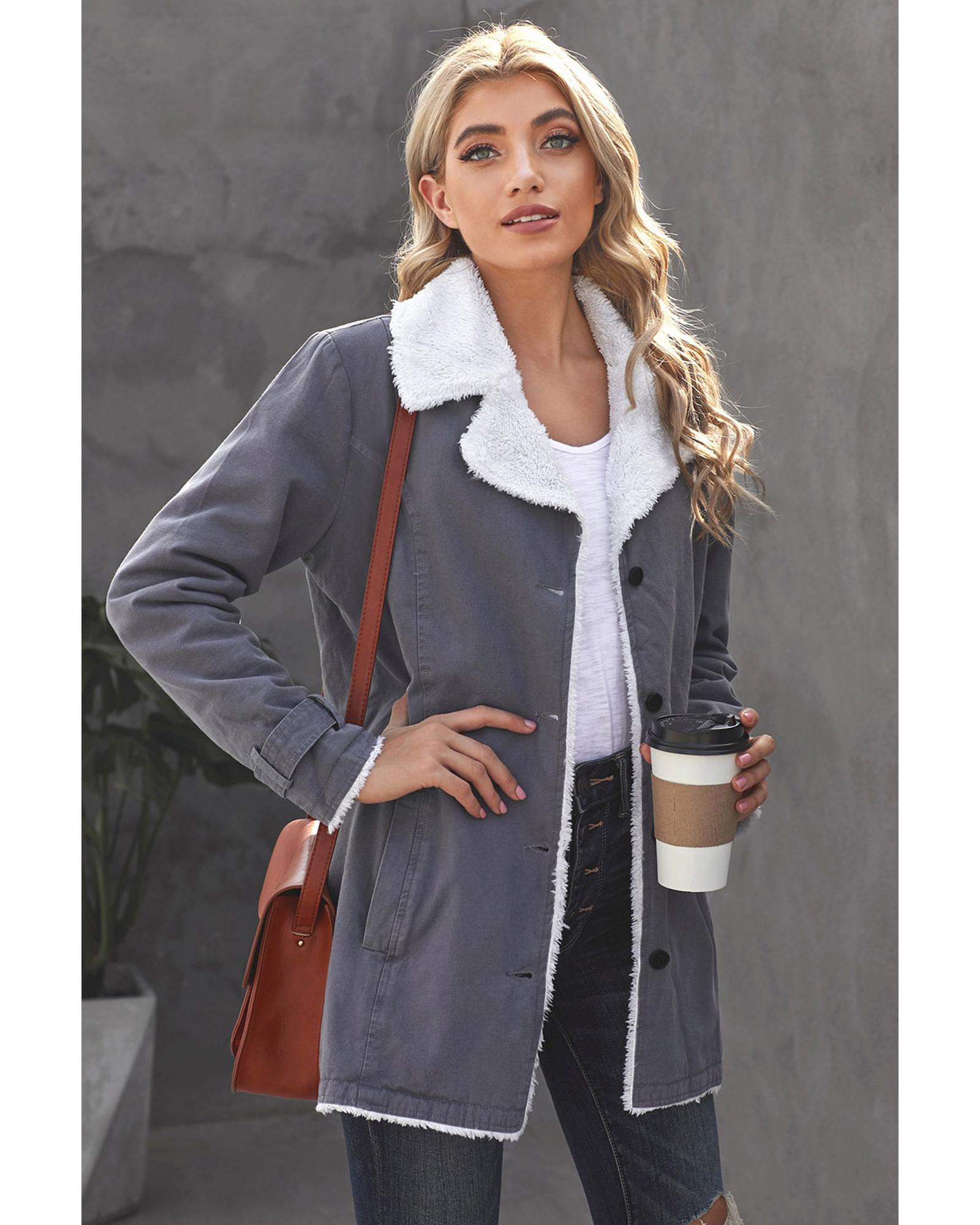 V539-AZEXDC8511336-11-S-202506151415-00 Gray Lapel Collar Button Fleece Jacket - S - Image 1