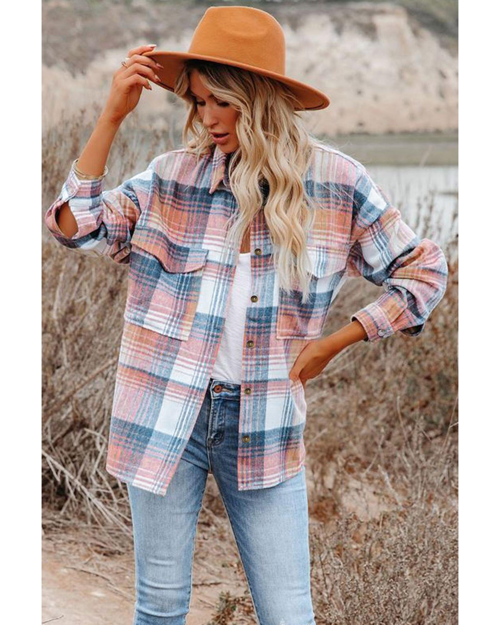 V539-AZEXDC8511948-10-XL-202508291330-00 Pink Black/Pink Plaid Flap Pockets Shacket - XL - Image 1