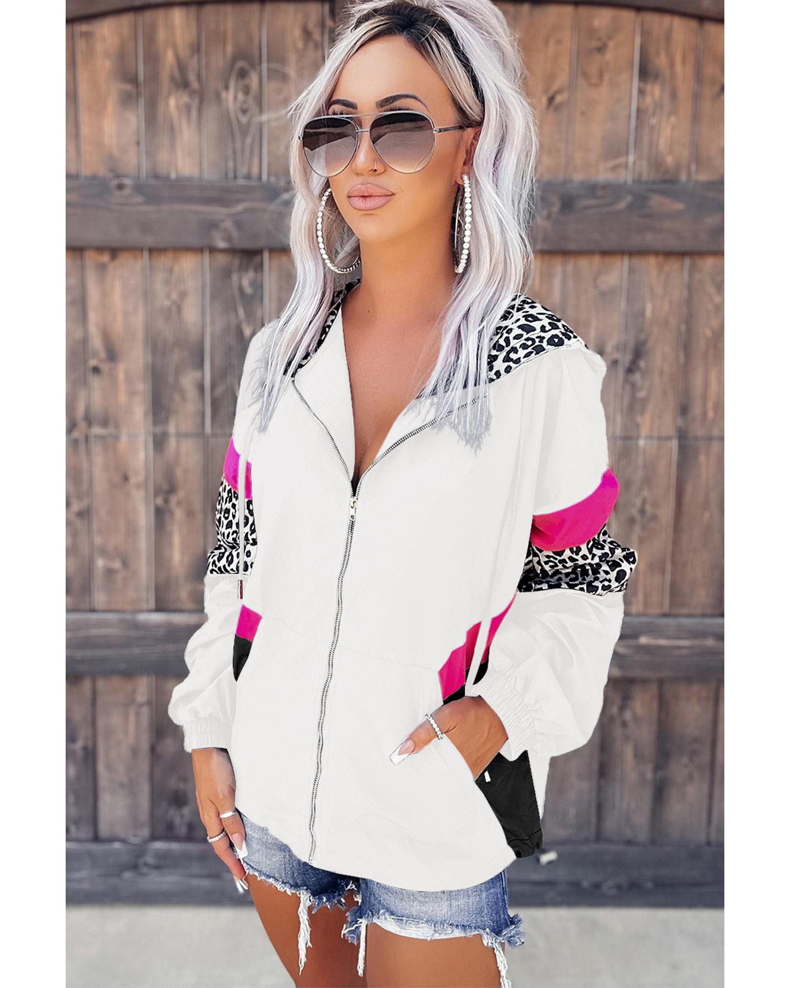 V539-AZEXDC8512617-P1-L-202508291815-00 White Leopard Color Block Pockets Zip-up Hooded Jacket - L - Image 1
