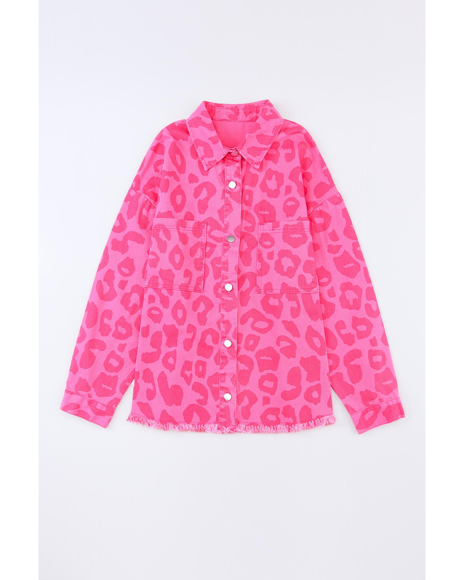 V539-AZEXDC8512740-10-M-202508280610-00 Pink Leopard Print Button Cuffs Raw Hem Jacket - M - Image 1