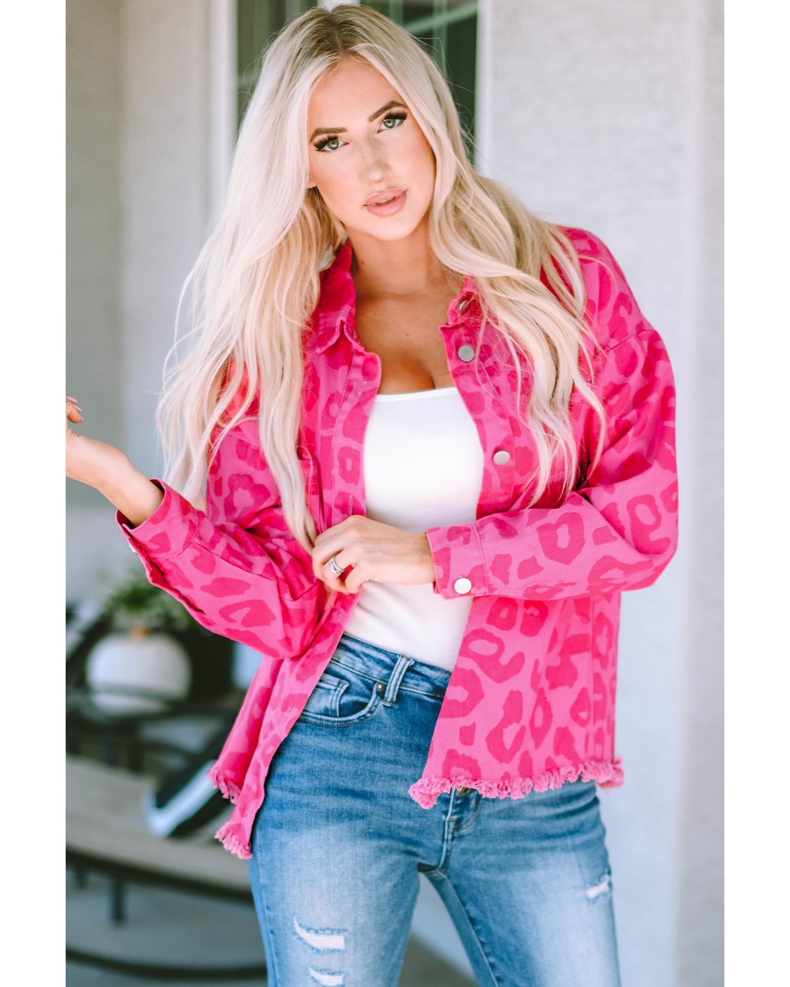 V539-AZEXDC8512740-10-S-202506151546-00 Pink Leopard Print Button Cuffs Raw Hem Jacket - S - Image 1