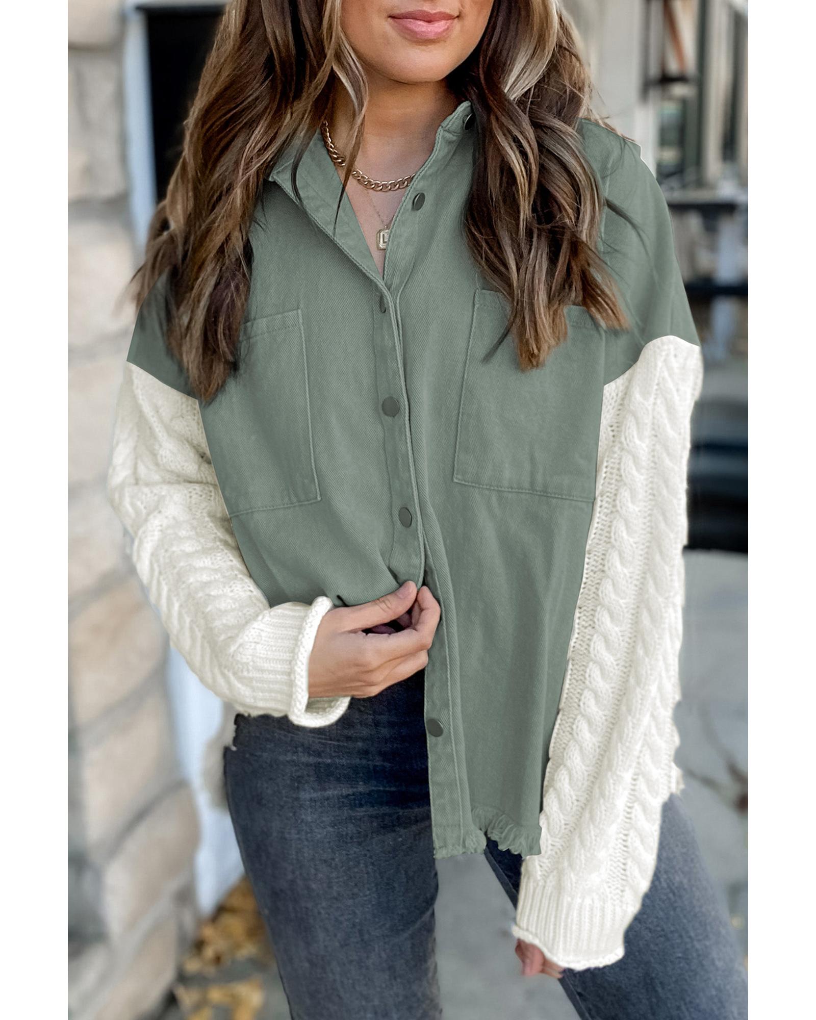 V539-AZEXDC8512796-9-L-202508281730-00 Green Cable Knit Sleeve Raw Hem Shacket - L - Image 1