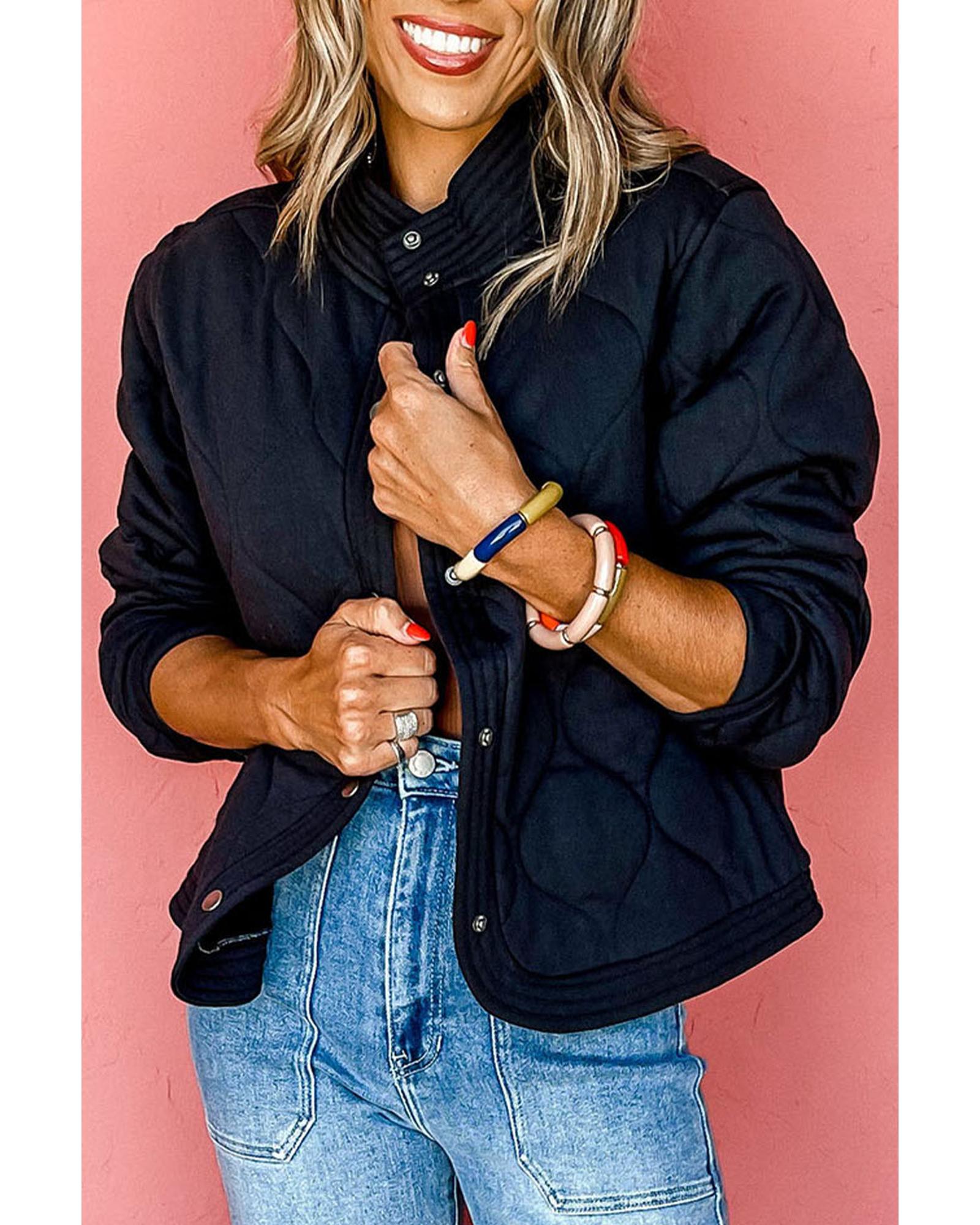 V539-AZEXDC8512845-2-XL-202508280630-00 Black Solid Color Quilted Snap Button Jacket - XL - Image 1