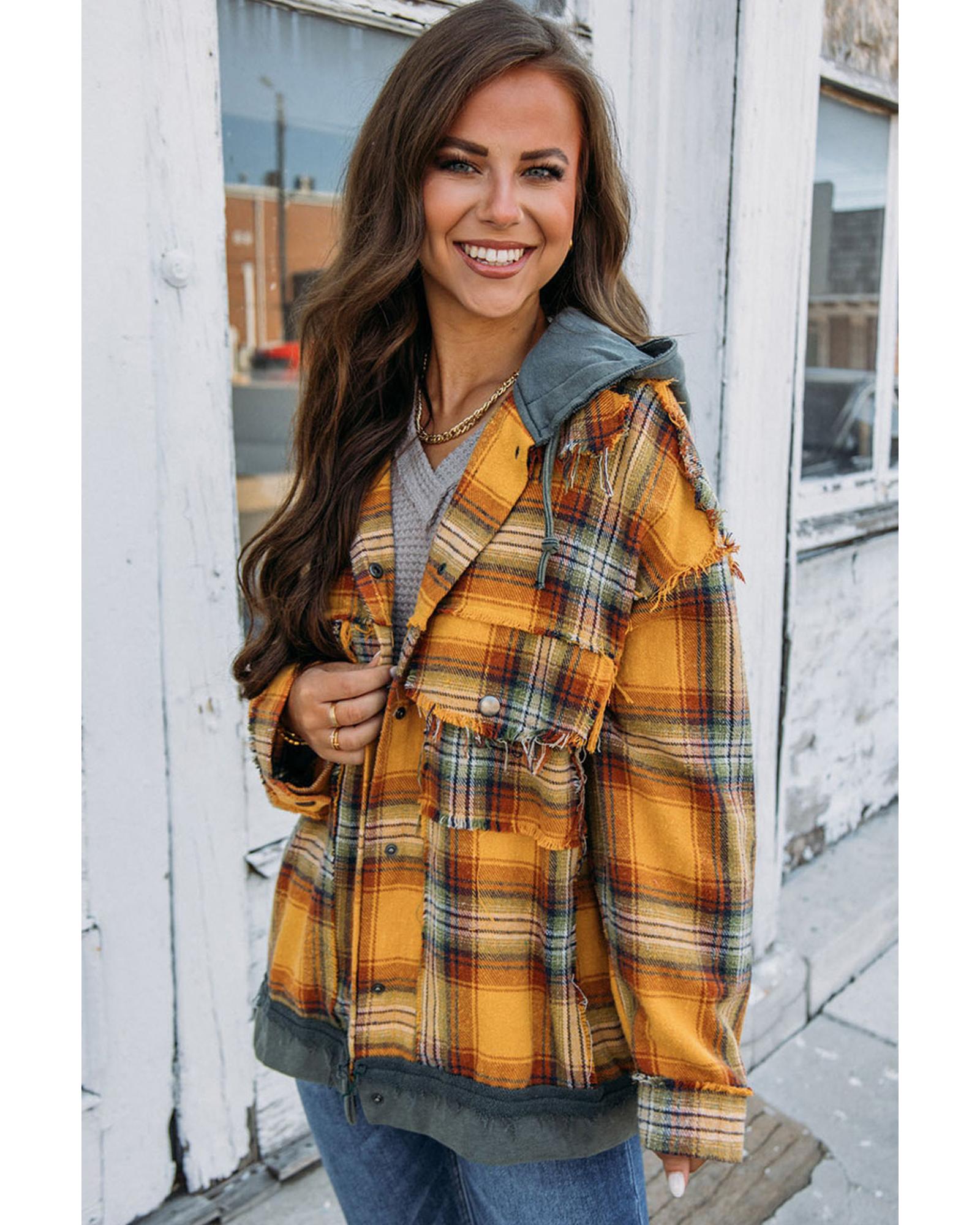 V539-AZEXDC8512858-14-M-202508290100-00 Orange Plaid Patch Hooded Frayed Snap Button Jacket - M - Image 1