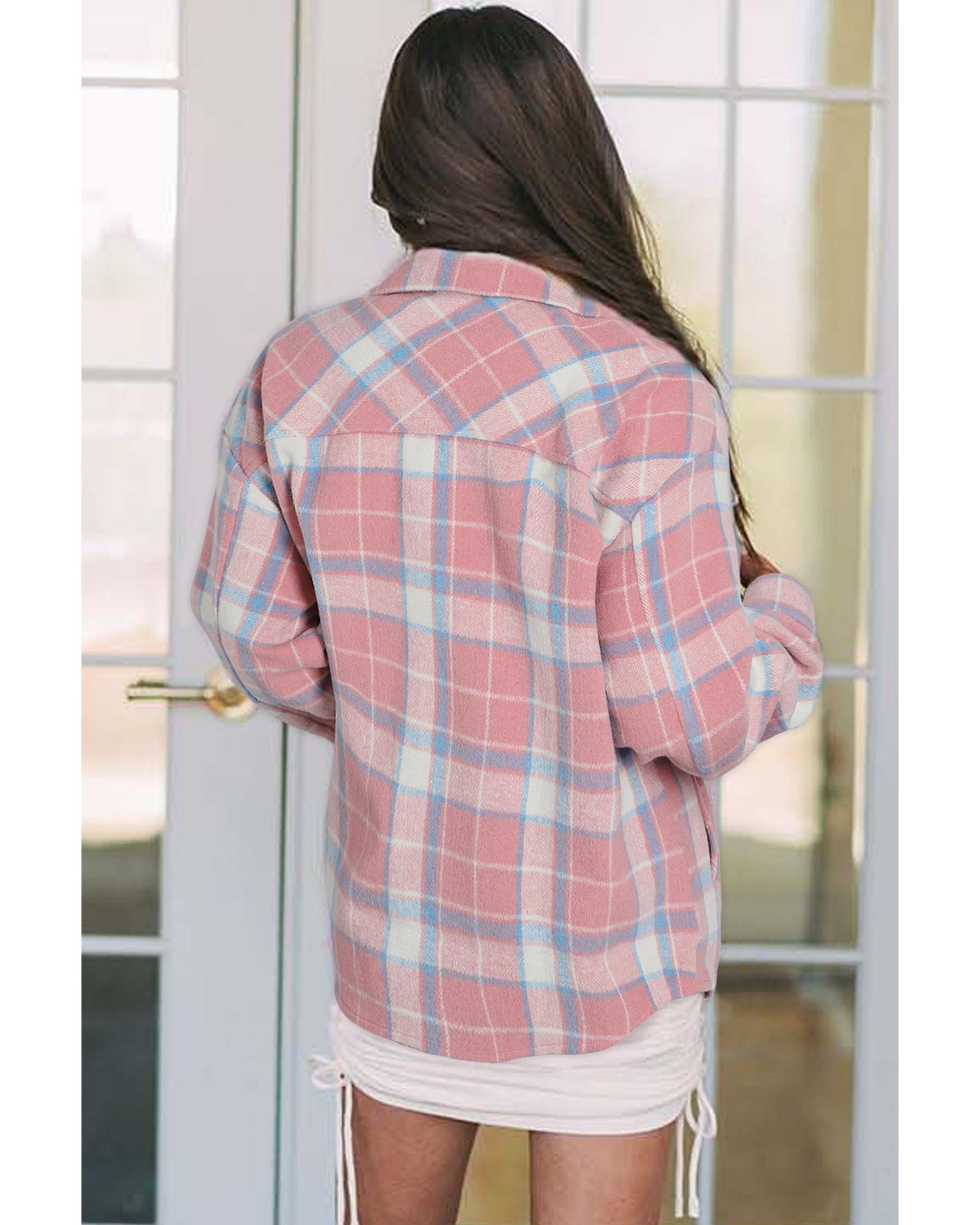 V539-AZEXDC8512998-10-M-202508301615-00 Pink Plaid Flap Pocket Flannel Shacket - M - Image 1