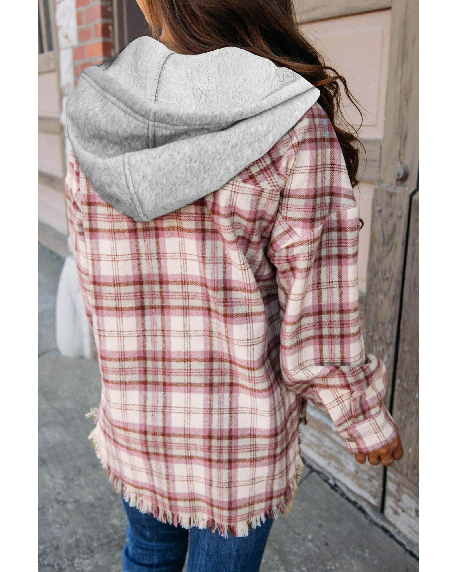 V539-AZEXDC8513166-P1022-S-202508301035-00 Multicolour Plaid Flap Pocket Hooded Raw Hem Jacket - S - Image 1