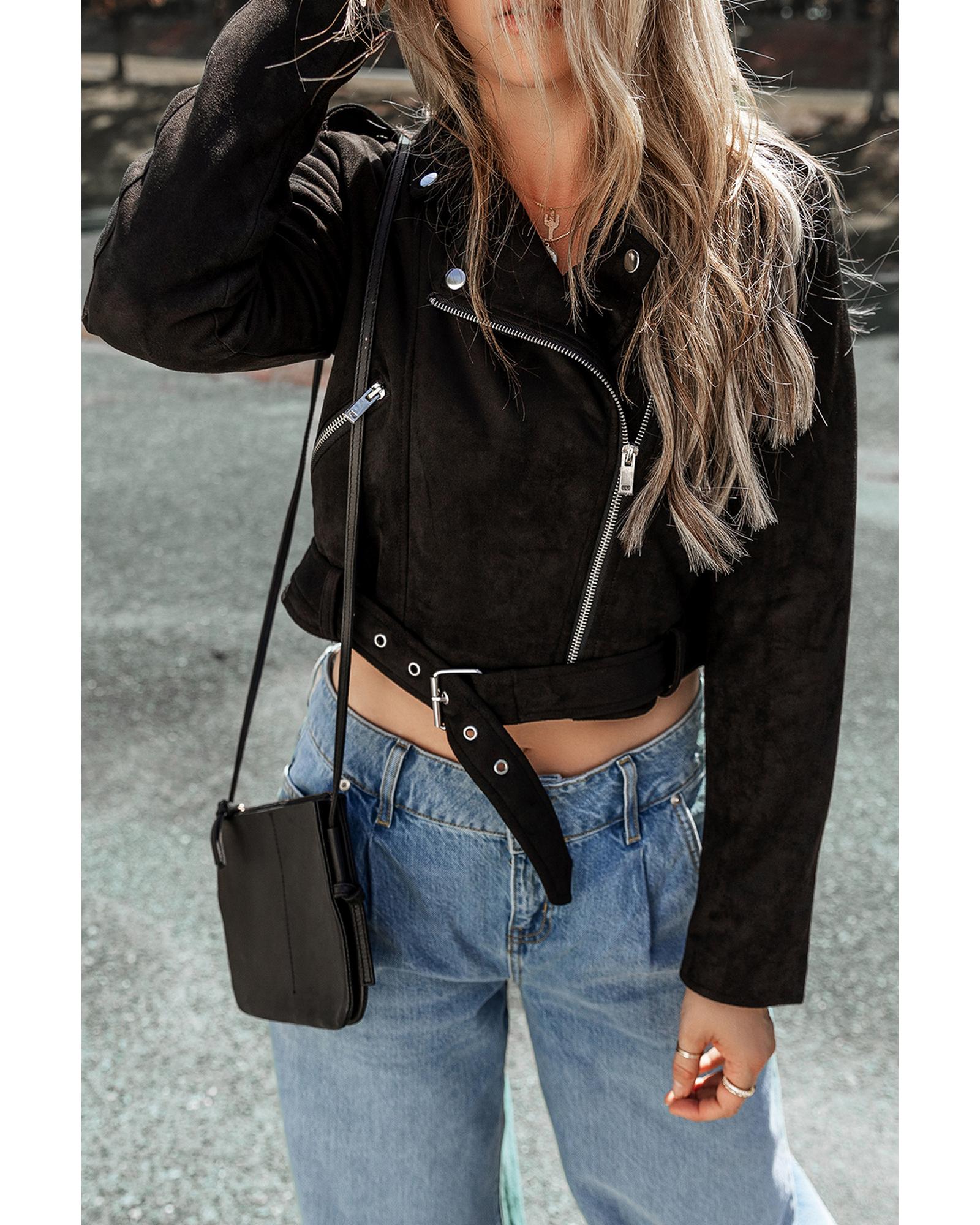 V539-AZEXDC8513213-P2-S-202508301700-00 Black Asymmetric Zipper Belted Hem Jacket - S - Image 1