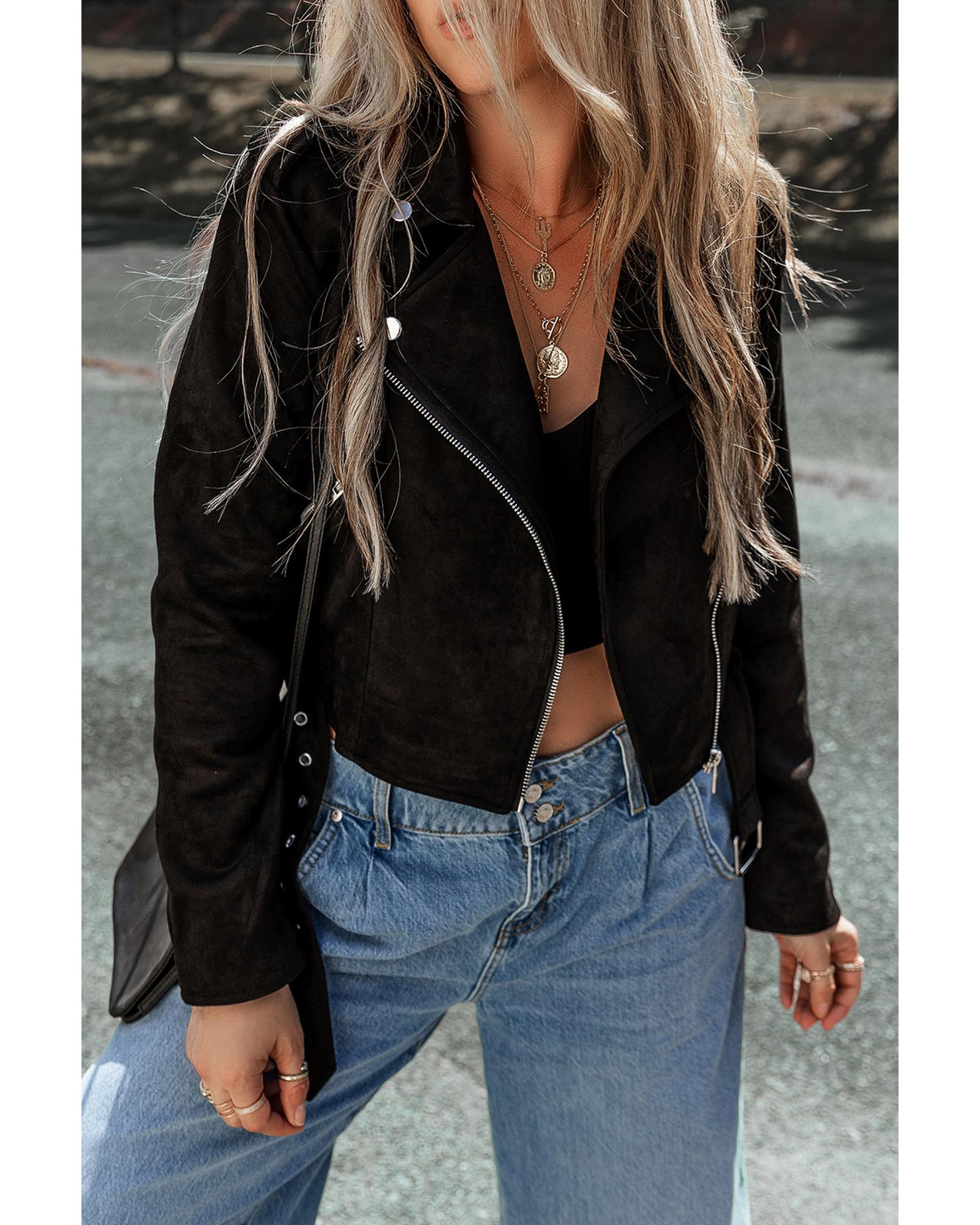 V539-AZEXDC8513213-P2-XL-202508301815-00 Black Asymmetric Zipper Belted Hem Jacket - XL - Image 1