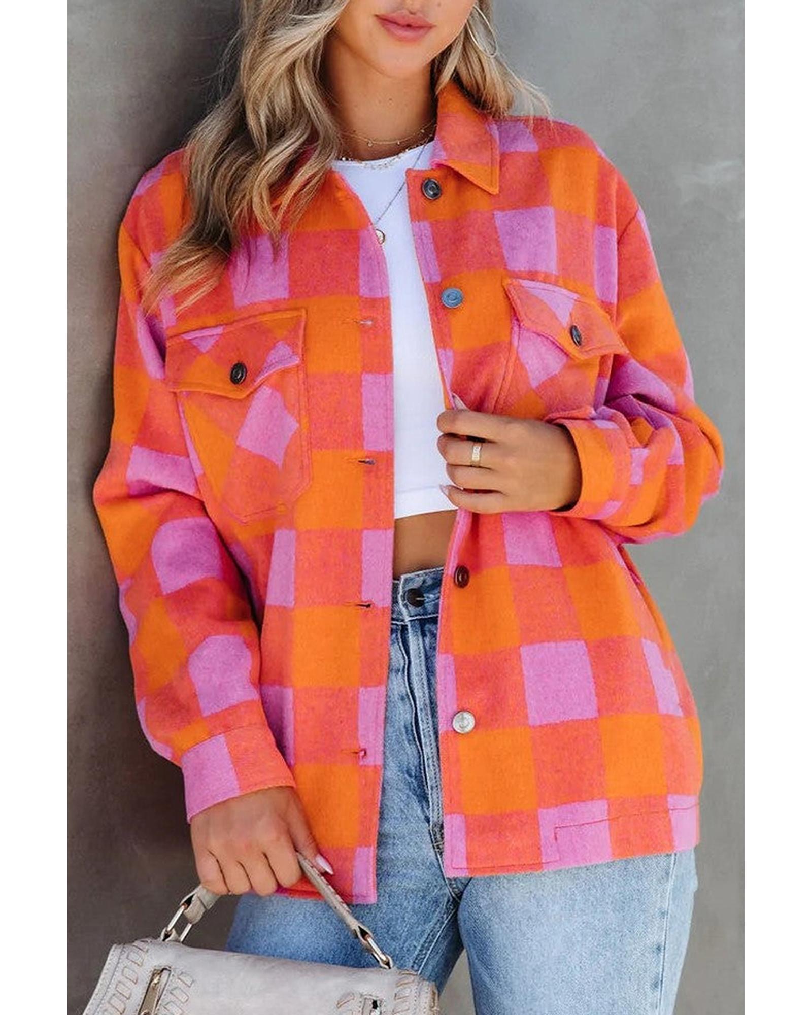 V539-AZEXDC8513405-P1420-L-202508292320-00 Orange Plaid Chest Pockets Button-up Turn Down Collar Jacket - L - Image 1