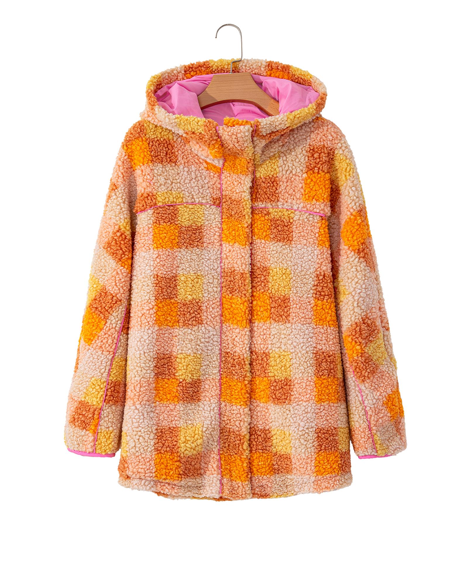 V539-AZEXDC8513409-P1420-S-202506151610-00 Orange Checkered Sherpa Hooded Jacket - S - Image 1