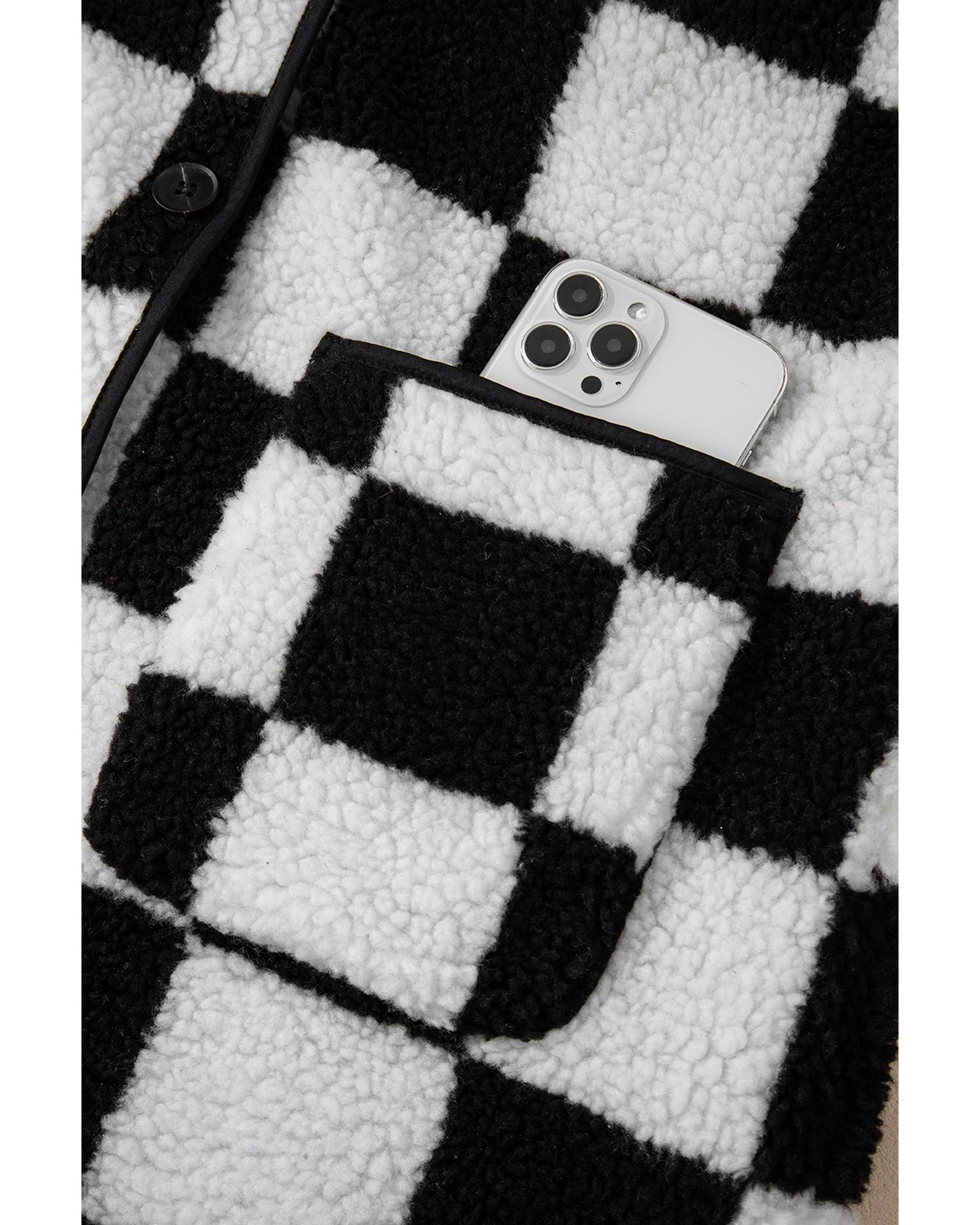 V539-AZEXDC8513445-P2-2XL-202508292115-00 Black Checkered Side Pockets Collared Buttoned Fleece Jacket - 2XL - Image 1