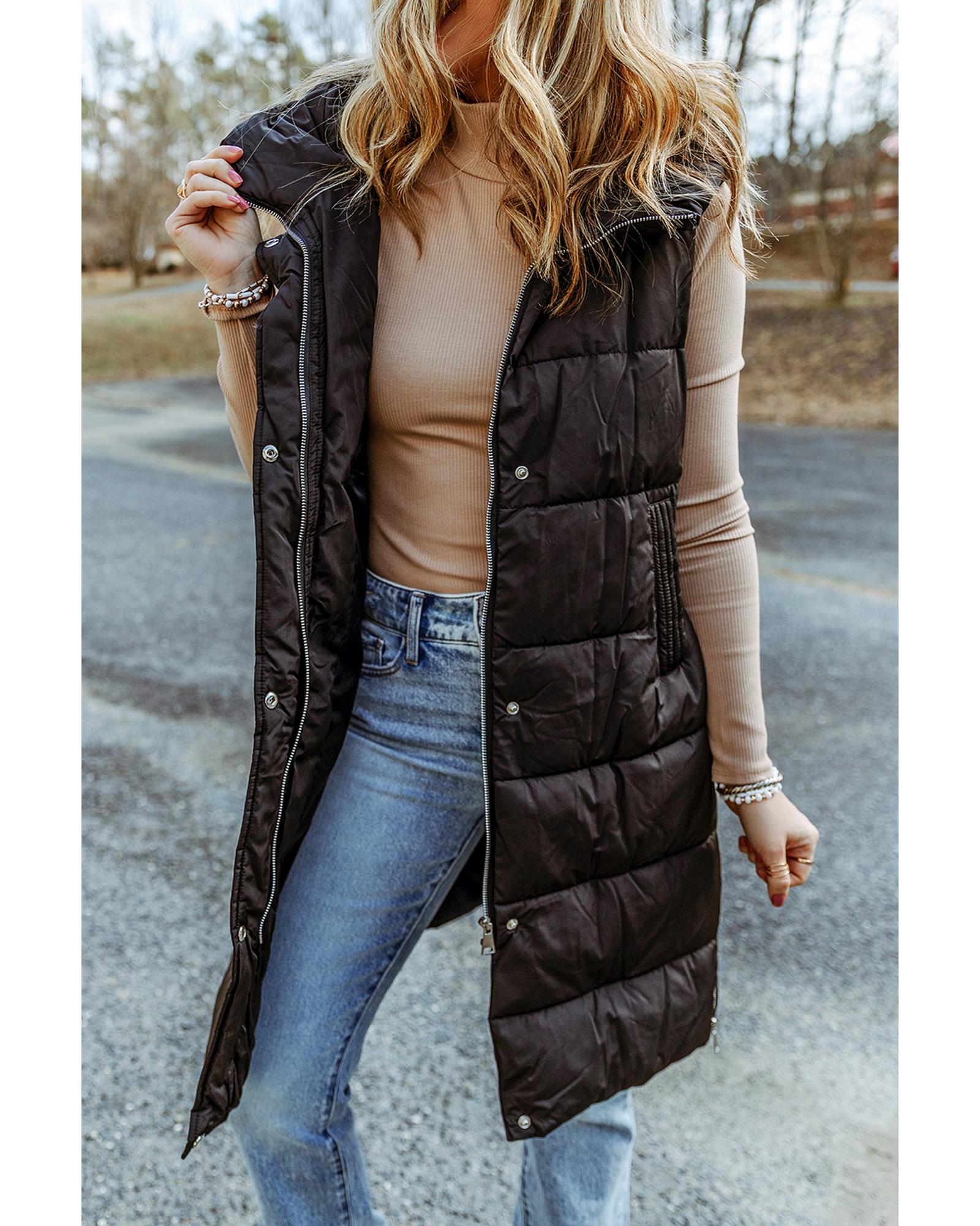 V539-AZEXDC853242-2-M-202506151642-00 Black Hooded Long Quilted Vest Coat - M - Image 1