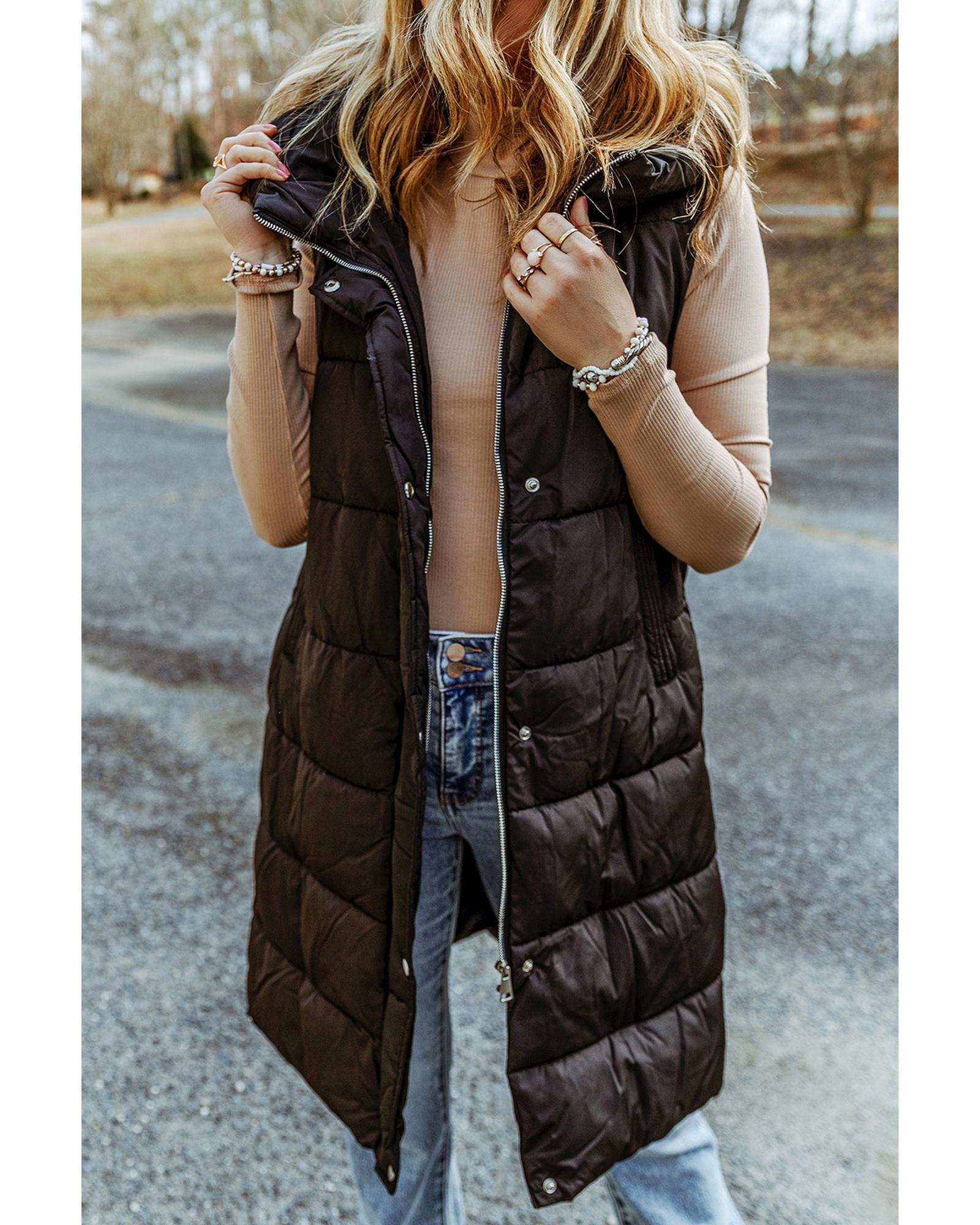 V539-AZEXDC853242-2-XL-202508301415-00 Black Hooded Long Quilted Vest Coat - XL - Image 1
