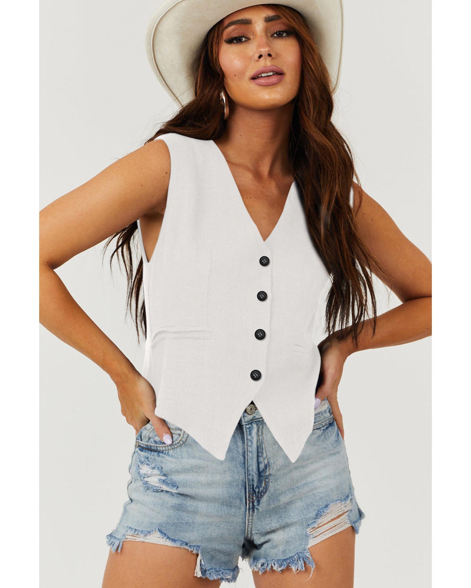 V539-AZEXDC853351-P1-S-202508300850-00 White Solid Color Button up V Neck Suit Vest - S - Image 1