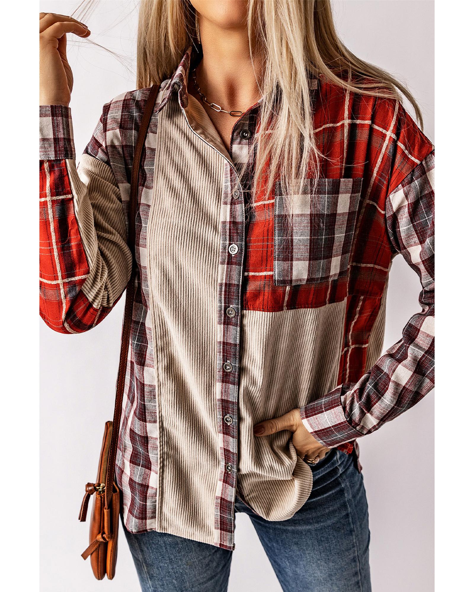 V539-AZEXDC854197-3-2XL-202508300435-00 Plaid Corduroy Patchwork Shacket - 2XL - Image 1