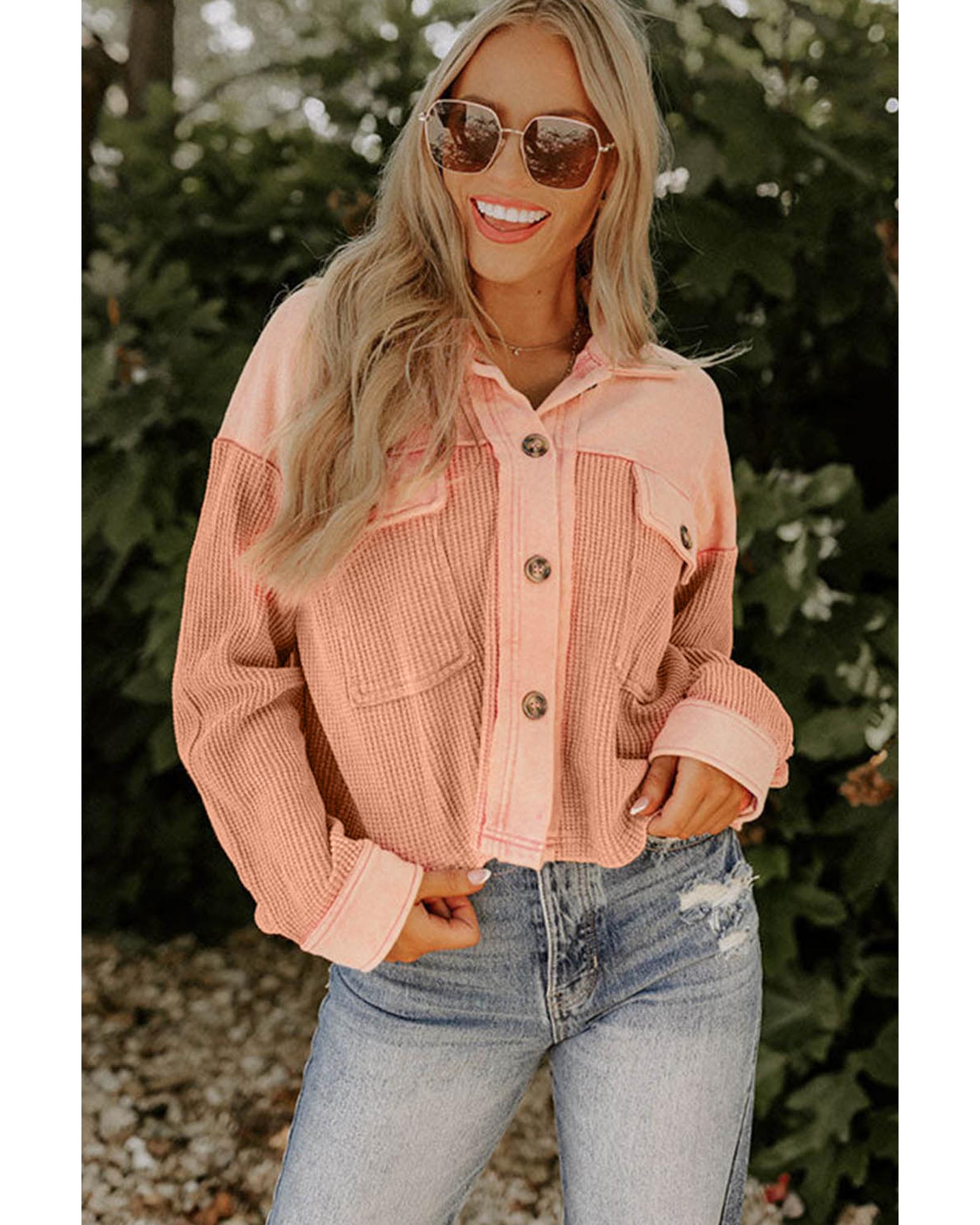 V539-AZEXDC854405-14-M-202508282325-00 Orange Textured Waffle Knit Chest Pockets Cropped Shacket - M - Image 1