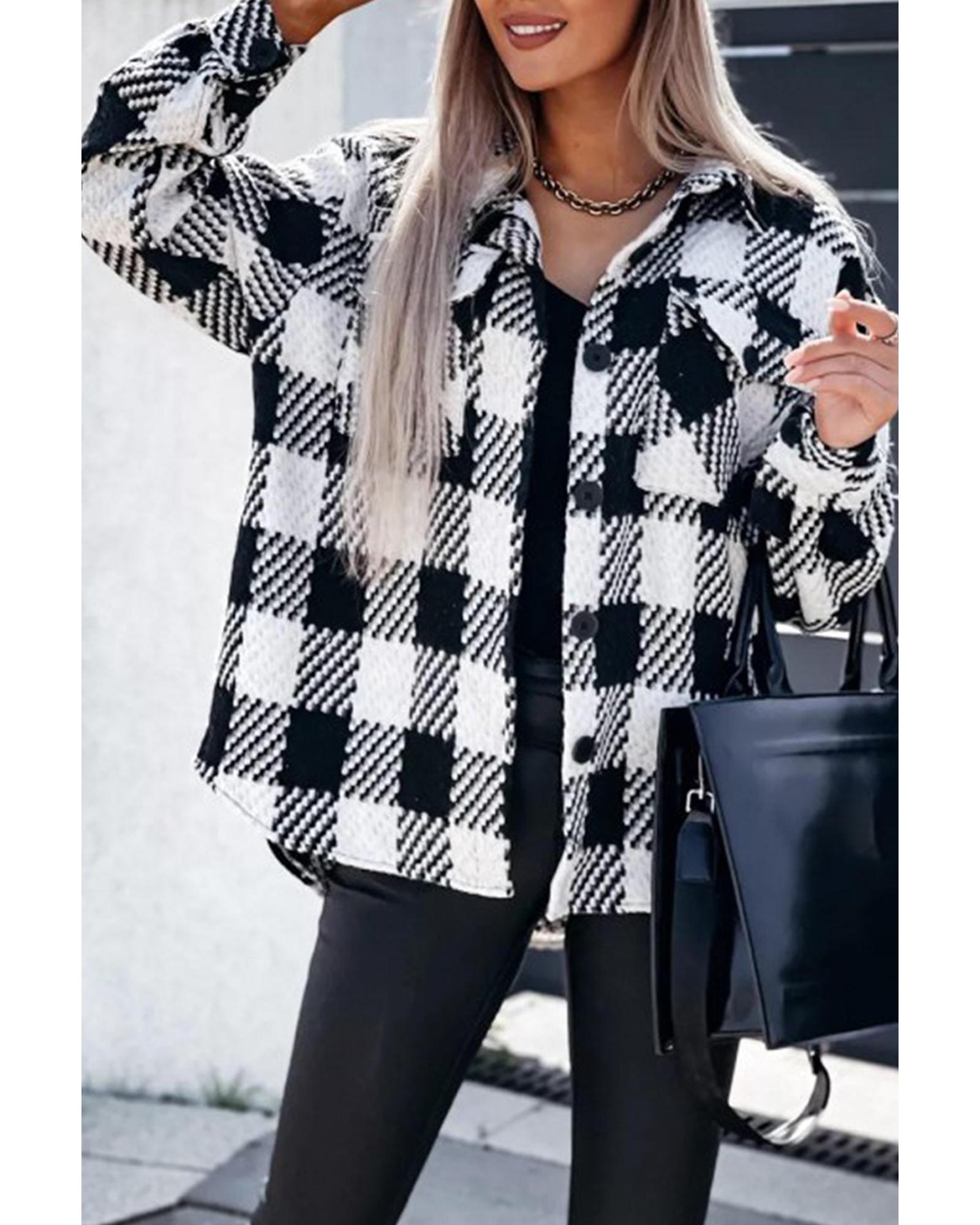 V539-AZEXDC854548-P2-L-202508301245-00 Black Plaid Textured Flap Pocket Shacket - L - Image 1