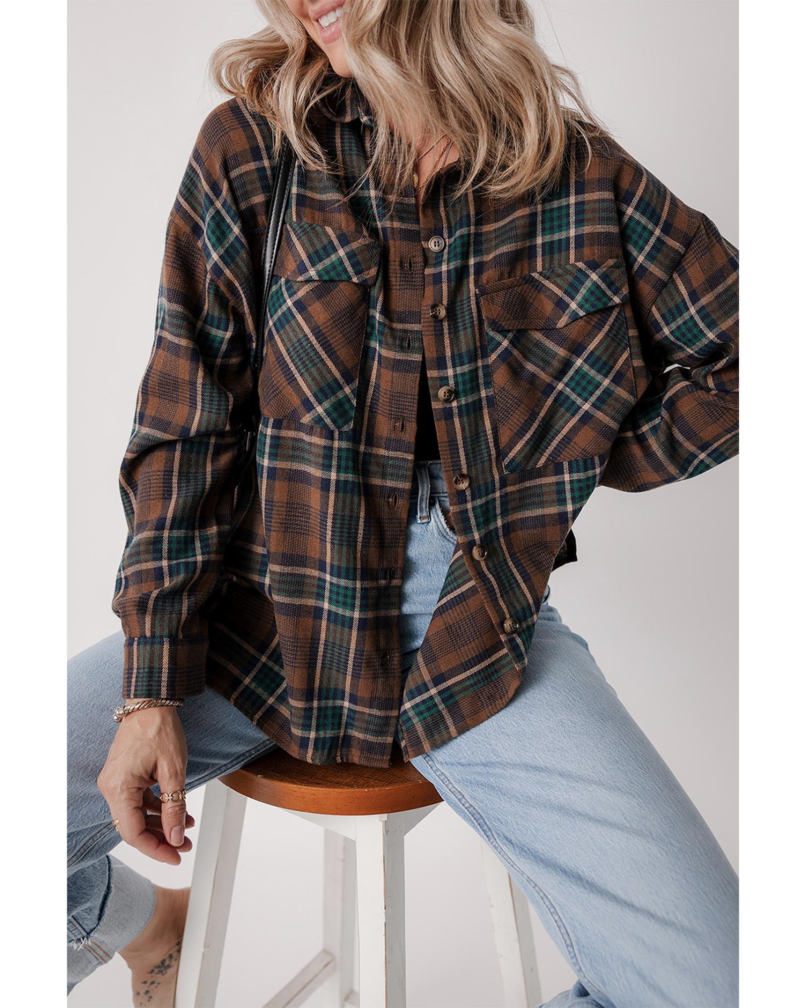 V539-AZEXDC854735-P1722-L-202508310230-01 Brown Plaid Print Chest Pockets Buttoned Shirt Jacket - L - Image 2