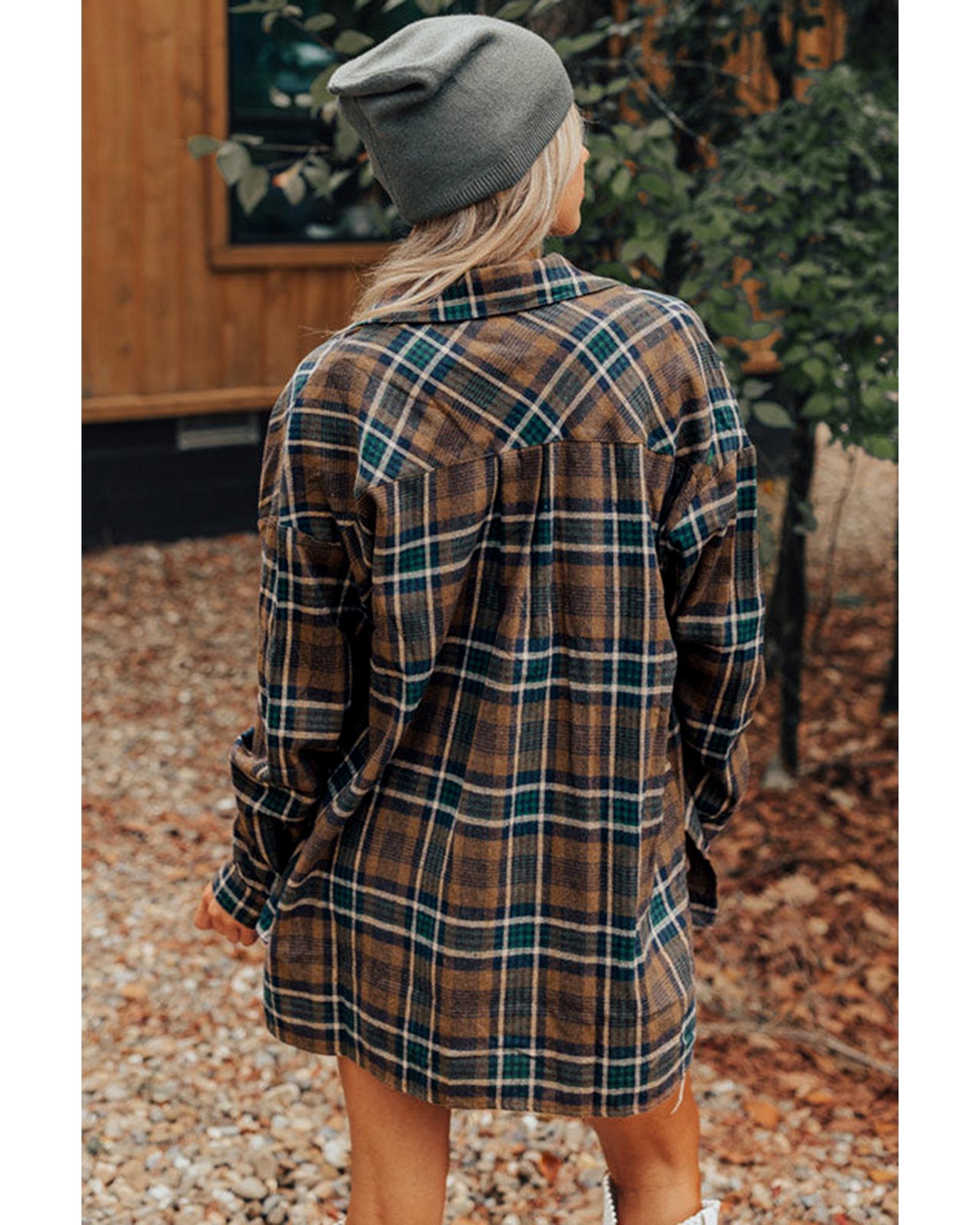 V539-AZEXDC854735-P1722-L-202508310230-06 Brown Plaid Print Chest Pockets Buttoned Shirt Jacket - L - Image 7