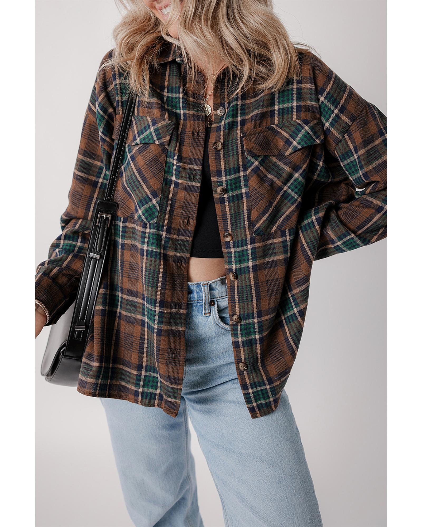 V539-AZEXDC854735-P1722-L-202508310230-07 Brown Plaid Print Chest Pockets Buttoned Shirt Jacket - L - Image 8
