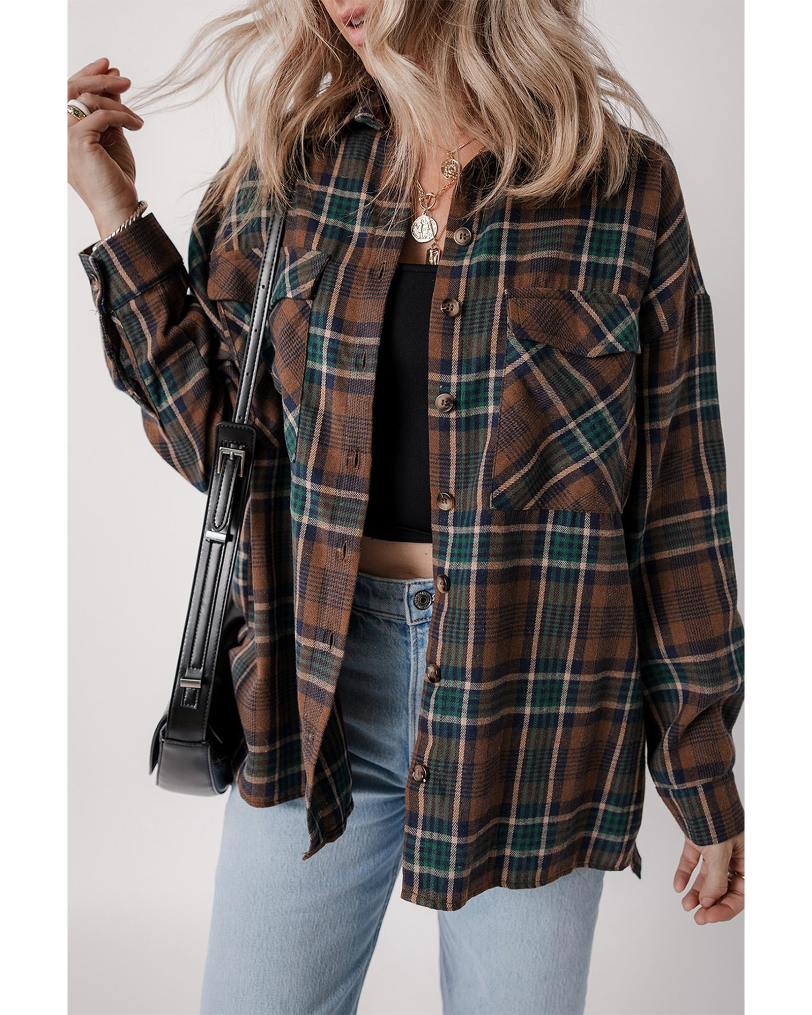 V539-AZEXDC854735-P1722-S-202506181641-02 Brown Plaid Print Chest Pockets Buttoned Shirt Jacket - S - Image 3