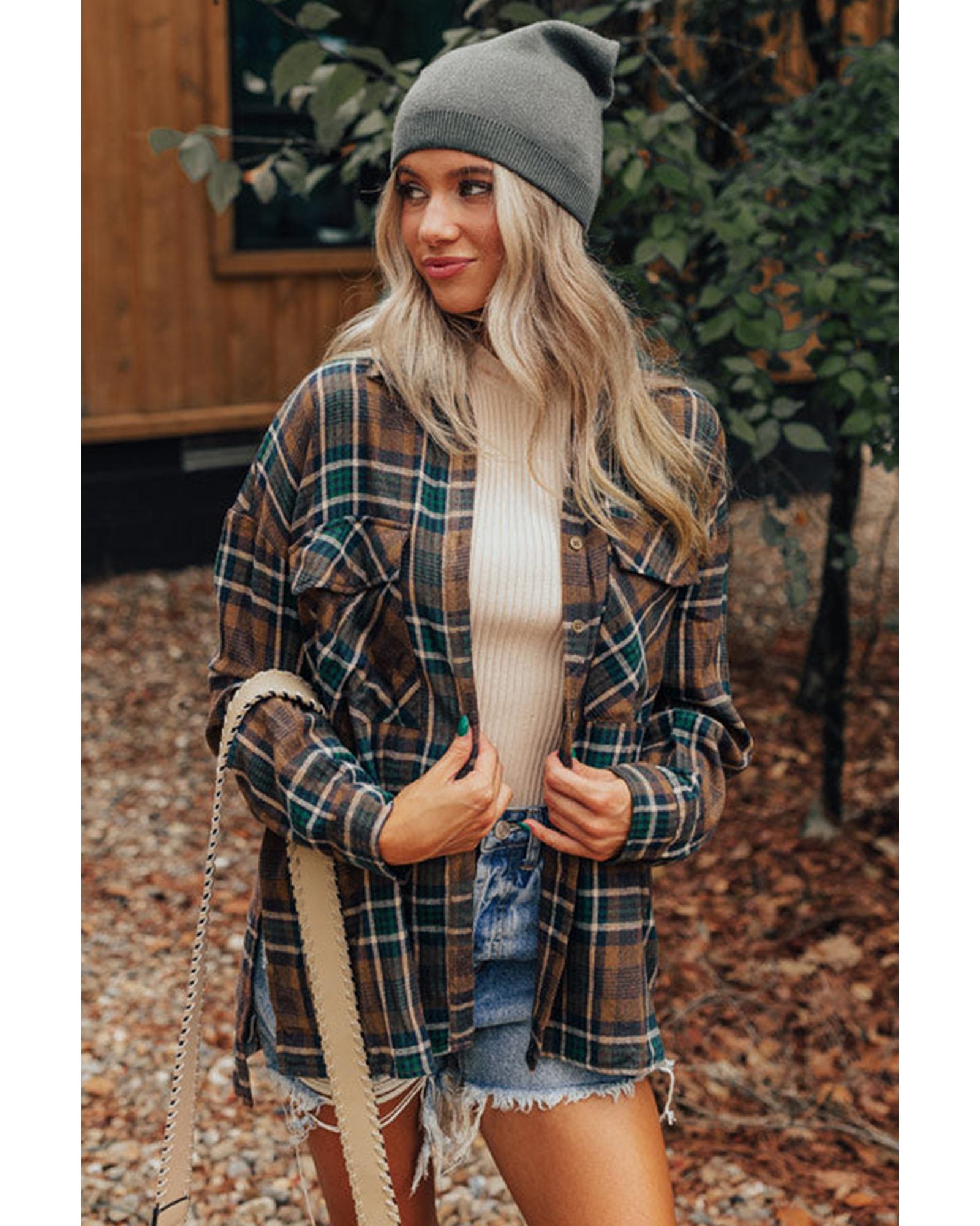 V539-AZEXDC854735-P1722-S-202506181641-05 Brown Plaid Print Chest Pockets Buttoned Shirt Jacket - S - Image 6