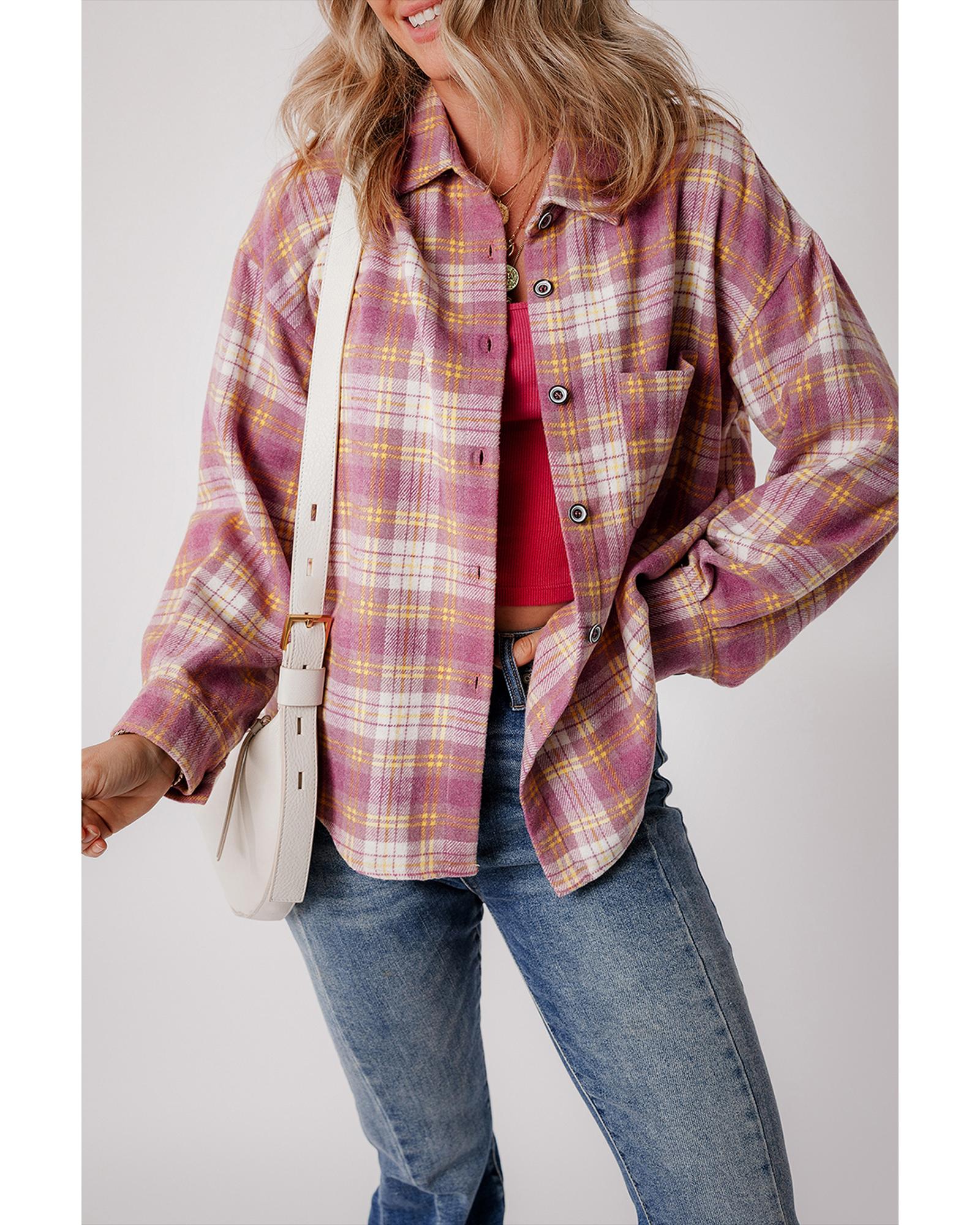 V539-AZEXDC854736-P1022-S-202506181642-00 Pink Plaid Print Chest Pocket Long Sleeve Shacket - S - Image 1