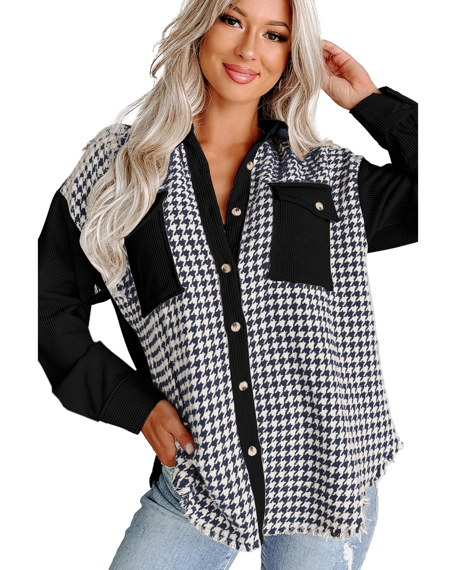 V539-AZEXDC854742-P2-XL-202508311315-00 Black Houndstooth Corduroy Patchwork Flap Pocket Shacket - XL - Image 1
