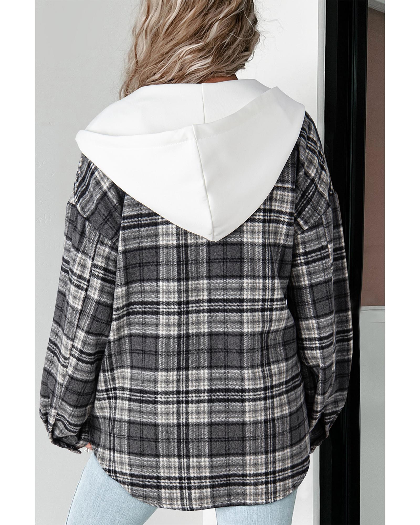 V539-AZEXDC854794-P222-XL-202508310845-00 Black Plaid Print Flap Pockets Contrast Hooded Loose Shacket - XL - Image 1