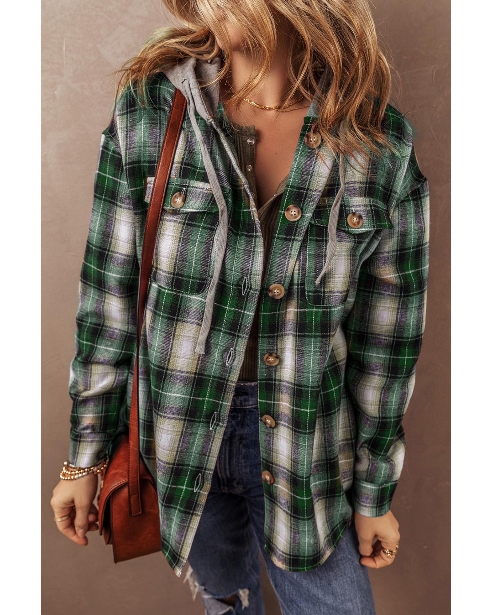 V539-AZEXDC854814-P922-2XL-202508310420-00 Green Plaid Print Chest Pocket Buttoned Hooded Shacket - 2XL - Image 1