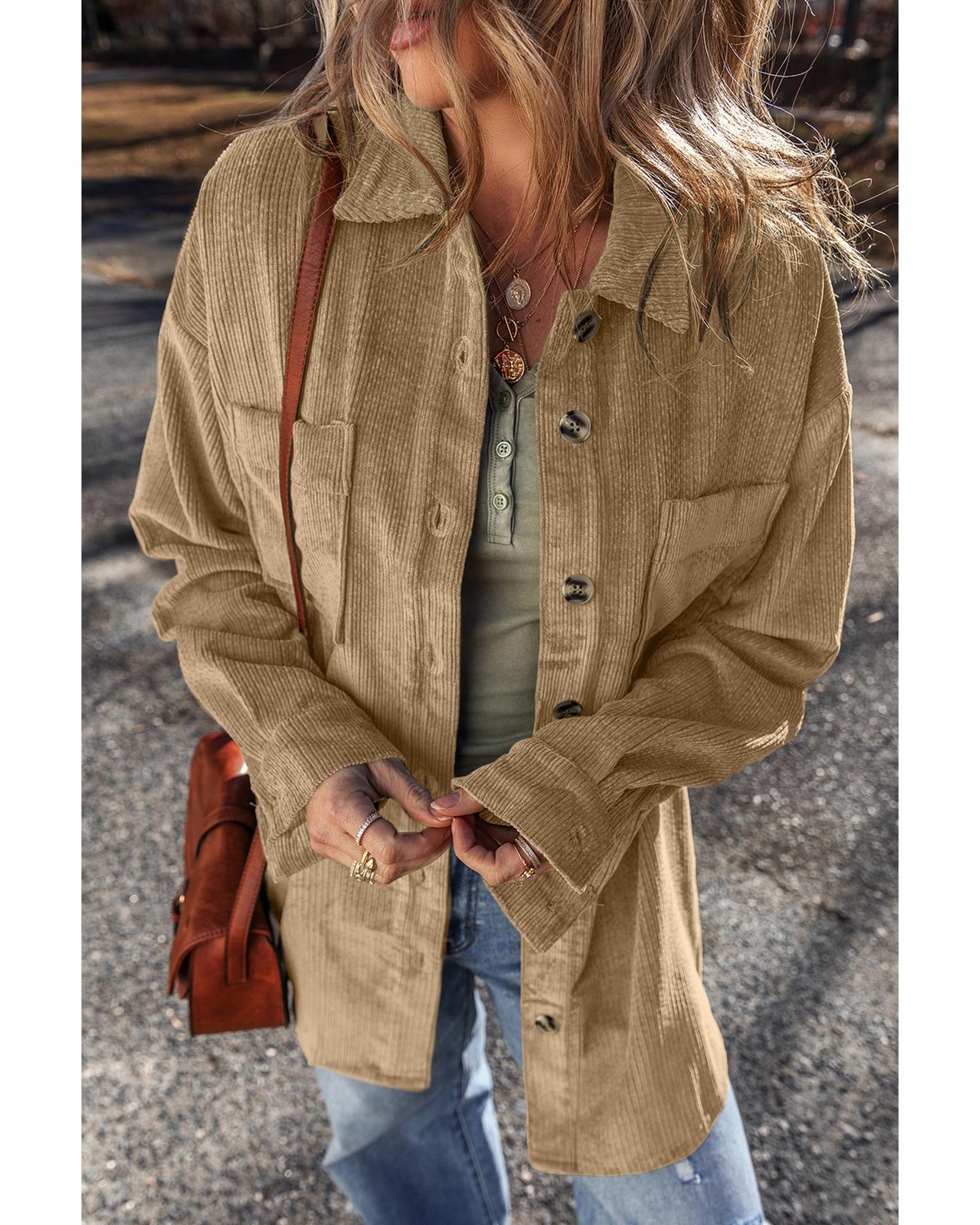 V539-AZEXDC854818-P4016-2XL-202508311045-00 Light French Beige Patched Pocket Button Up Corduroy Shacket - 2XL - Image 1