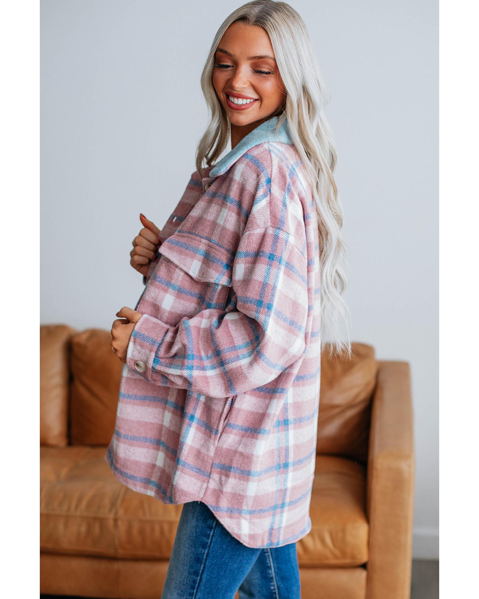 V539-AZEXDC854826-P1022-2XL-202508311310-00 Pink Plaid Print Color Block Collared Flap Pockets Loose Shacket - 2XL - Image 1