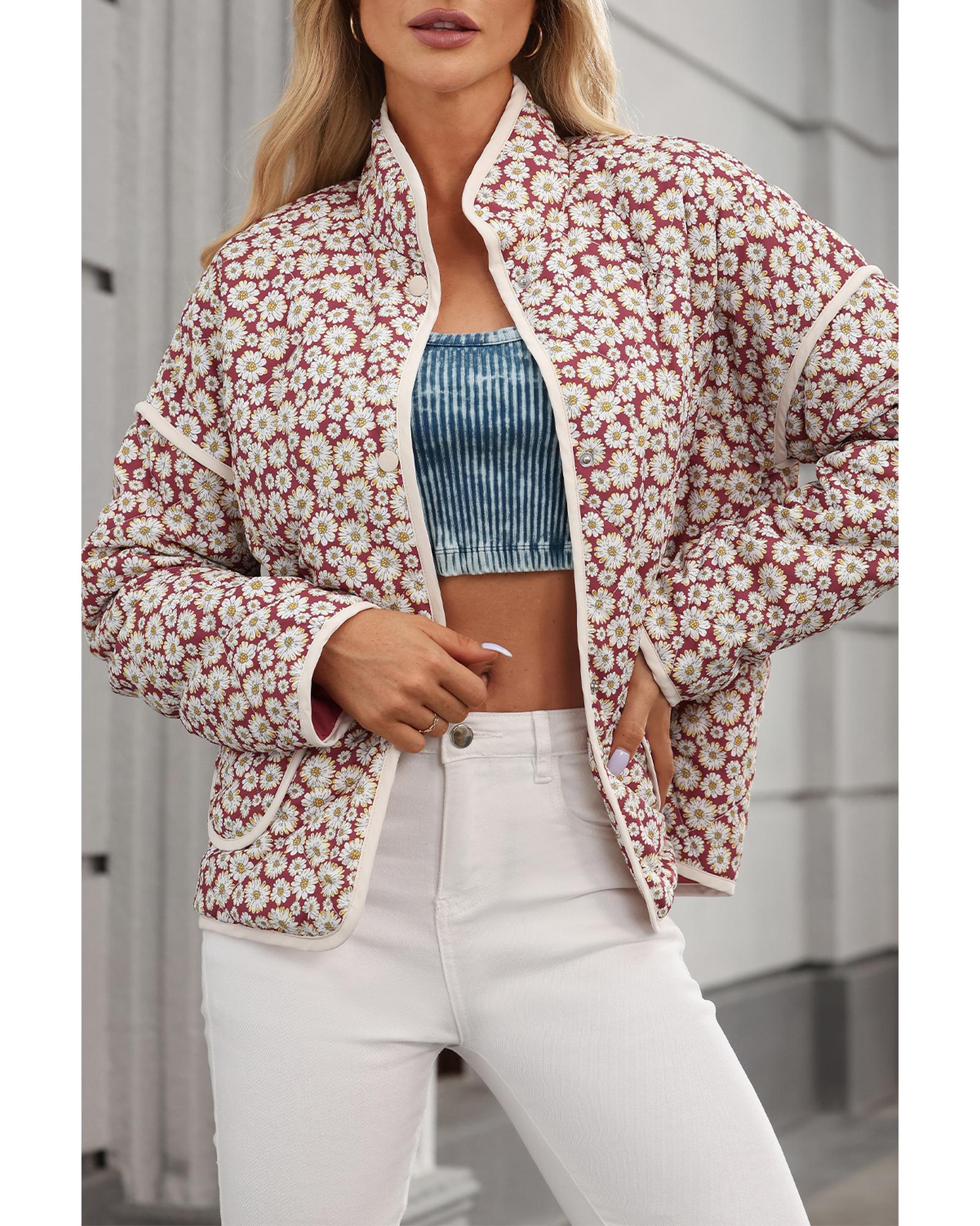 V539-AZEXDC856189-P1020-L-202508310350-00 Pink Floral Print Contrast Edge Pocketed Stand Neck Jacket - L - Image 1