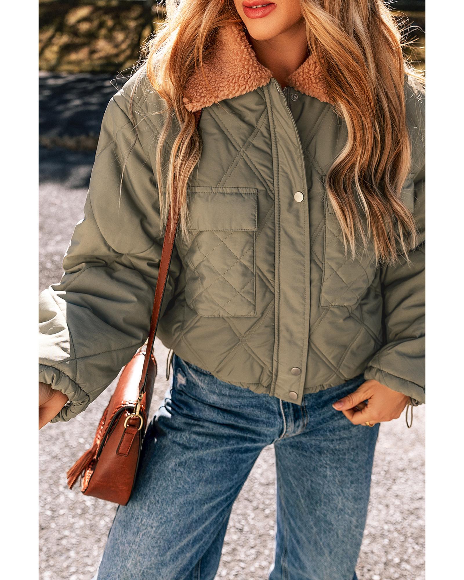 V539-AZEXDC856219-P609-M-202508311355-07 Jungle Green Teddy Collar Flap Pockets Quilted Puffer Jacket - M - Image 8