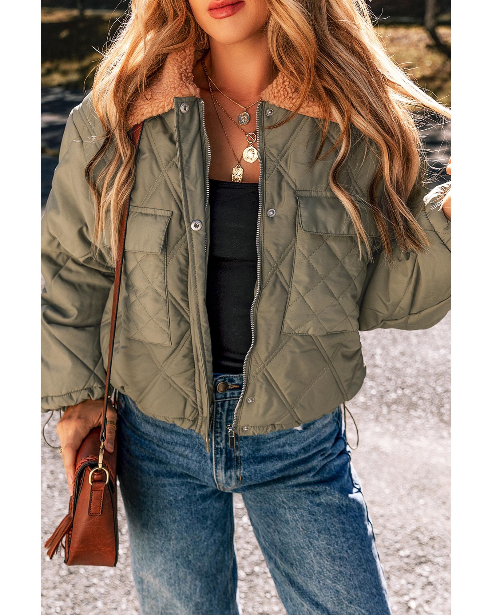 V539-AZEXDC856219-P609-XL-202508311405-01 Jungle Green Teddy Collar Flap Pockets Quilted Puffer Jacket - XL - Image 2