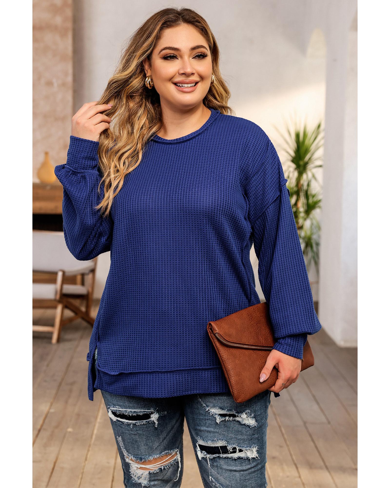 V539-AZEXPL2511154-5-2X-202508310640-01 Azura Exchange Blue Plus Size Waffle Knit Oversized Exposed Seam Top - 2X - Image 2