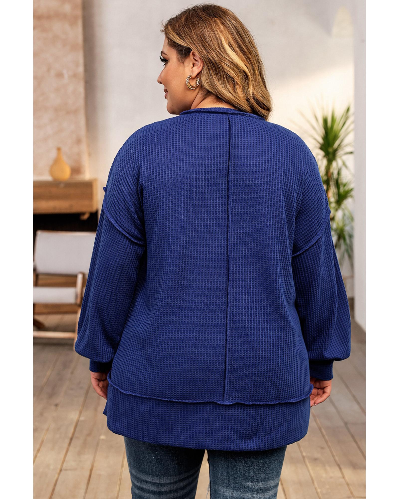 V539-AZEXPL2511154-5-2X-202508310640-02 Azura Exchange Blue Plus Size Waffle Knit Oversized Exposed Seam Top - 2X - Image 3