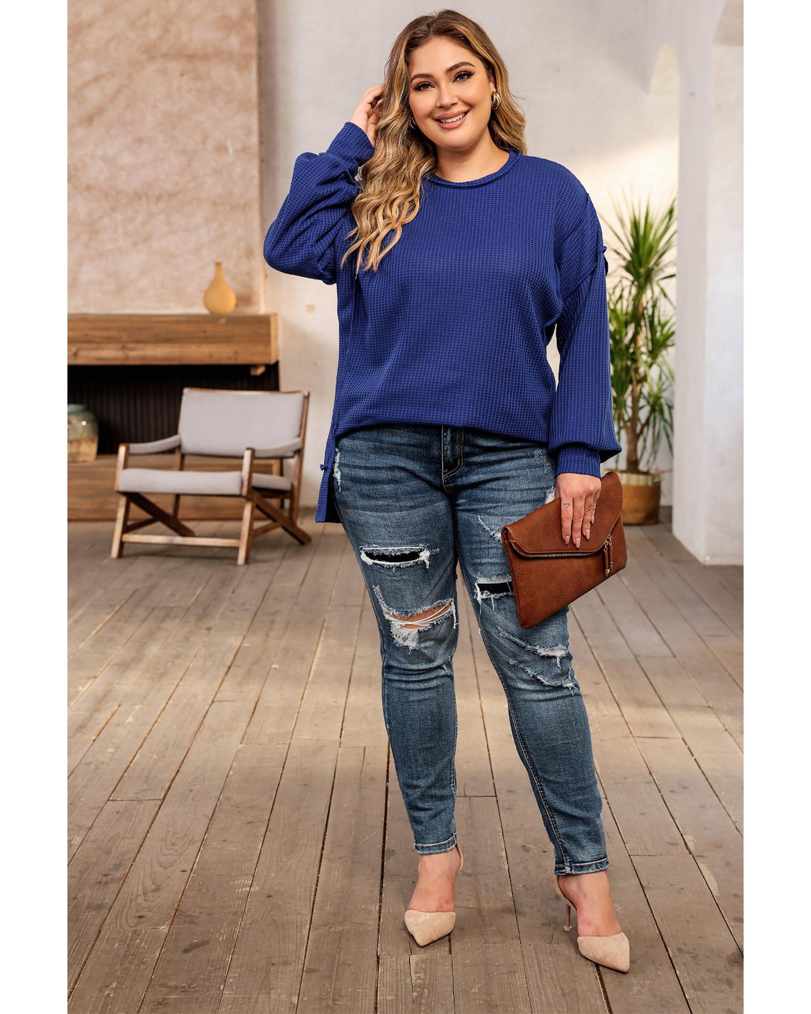 V539-AZEXPL2511154-5-2X-202508310640-03 Azura Exchange Blue Plus Size Waffle Knit Oversized Exposed Seam Top - 2X - Image 4