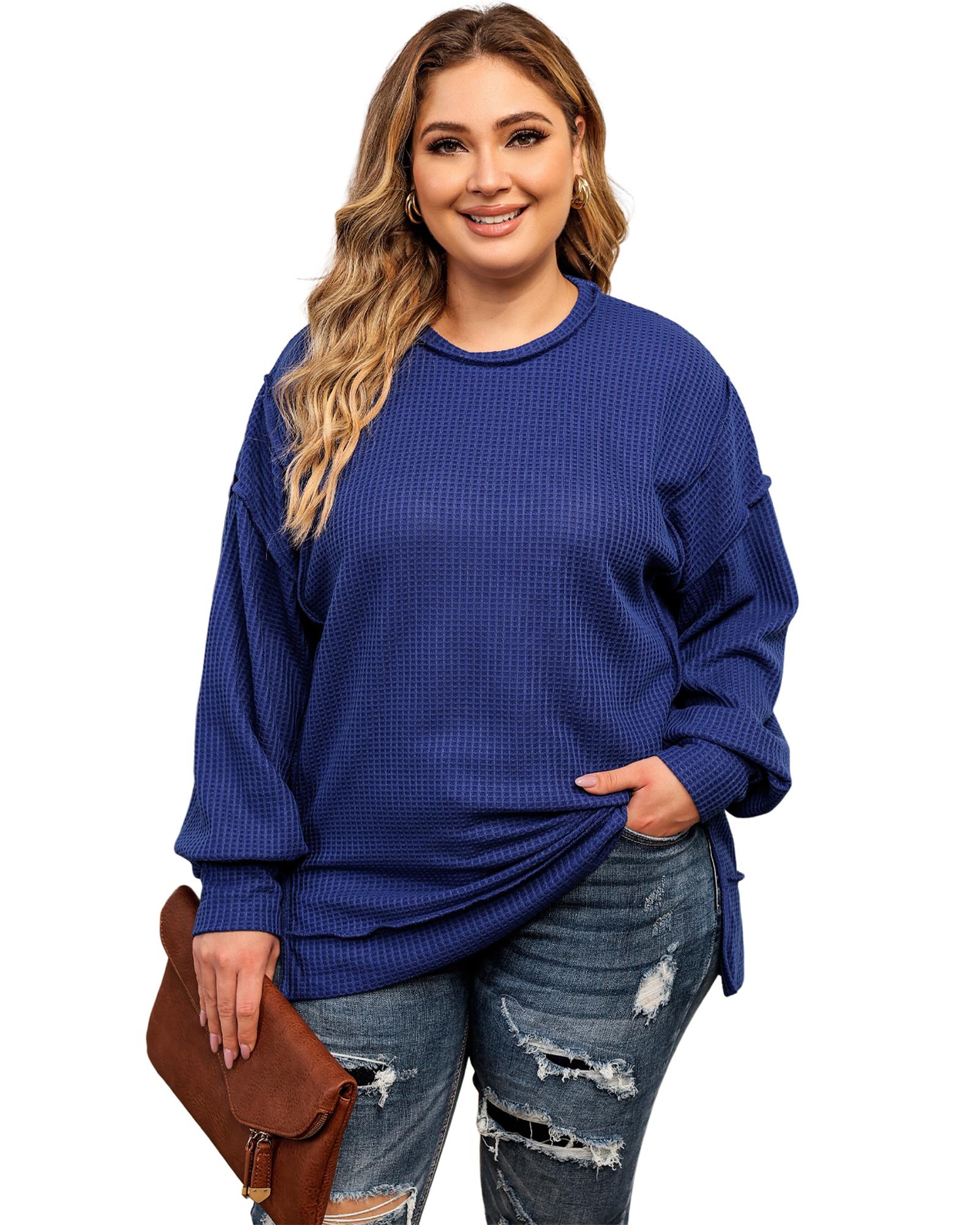 V539-AZEXPL2511154-5-2X-202508310640-04 Azura Exchange Blue Plus Size Waffle Knit Oversized Exposed Seam Top - 2X - Image 5