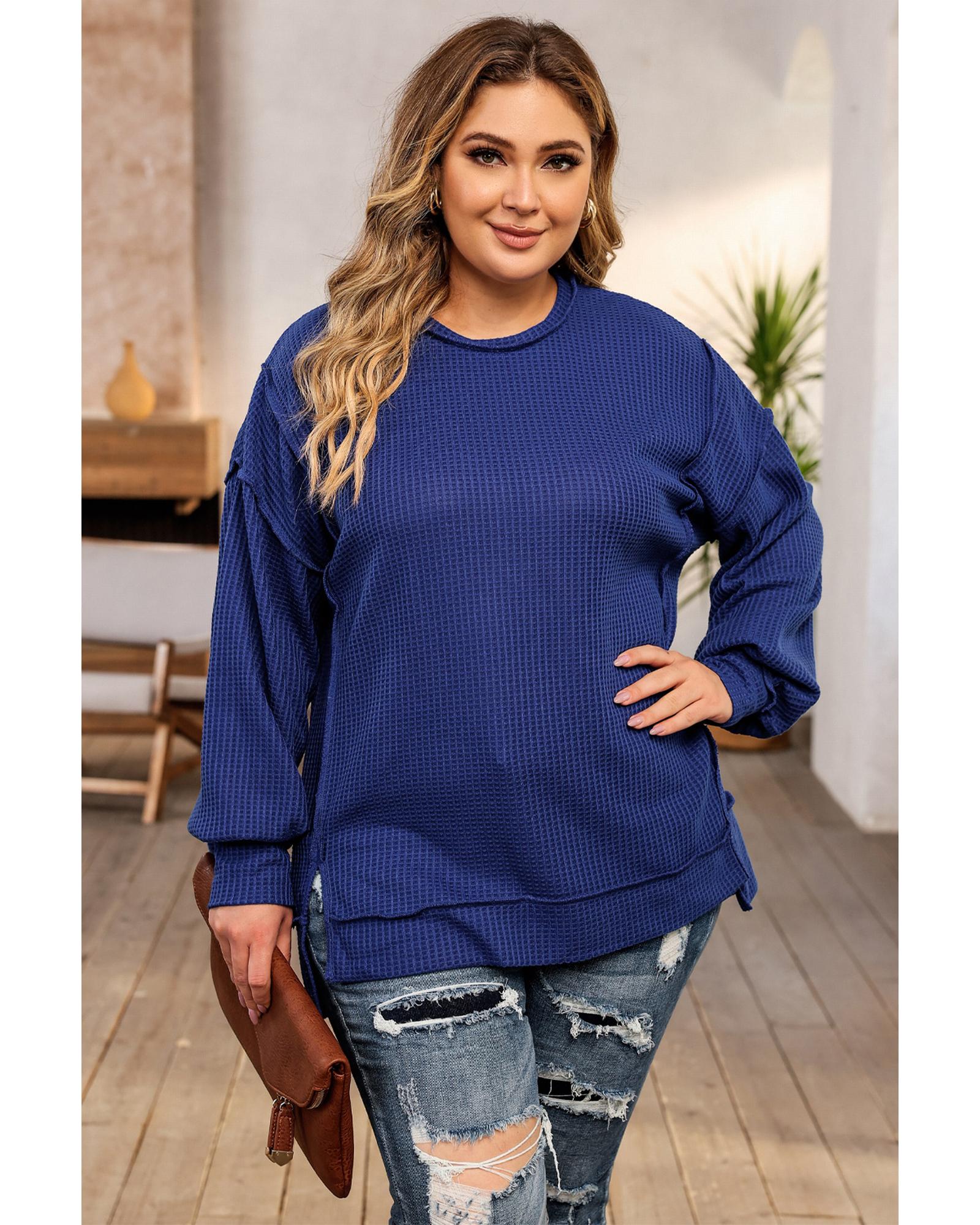 V539-AZEXPL2511154-5-2X-202508310640-05 Azura Exchange Blue Plus Size Waffle Knit Oversized Exposed Seam Top - 2X - Image 6