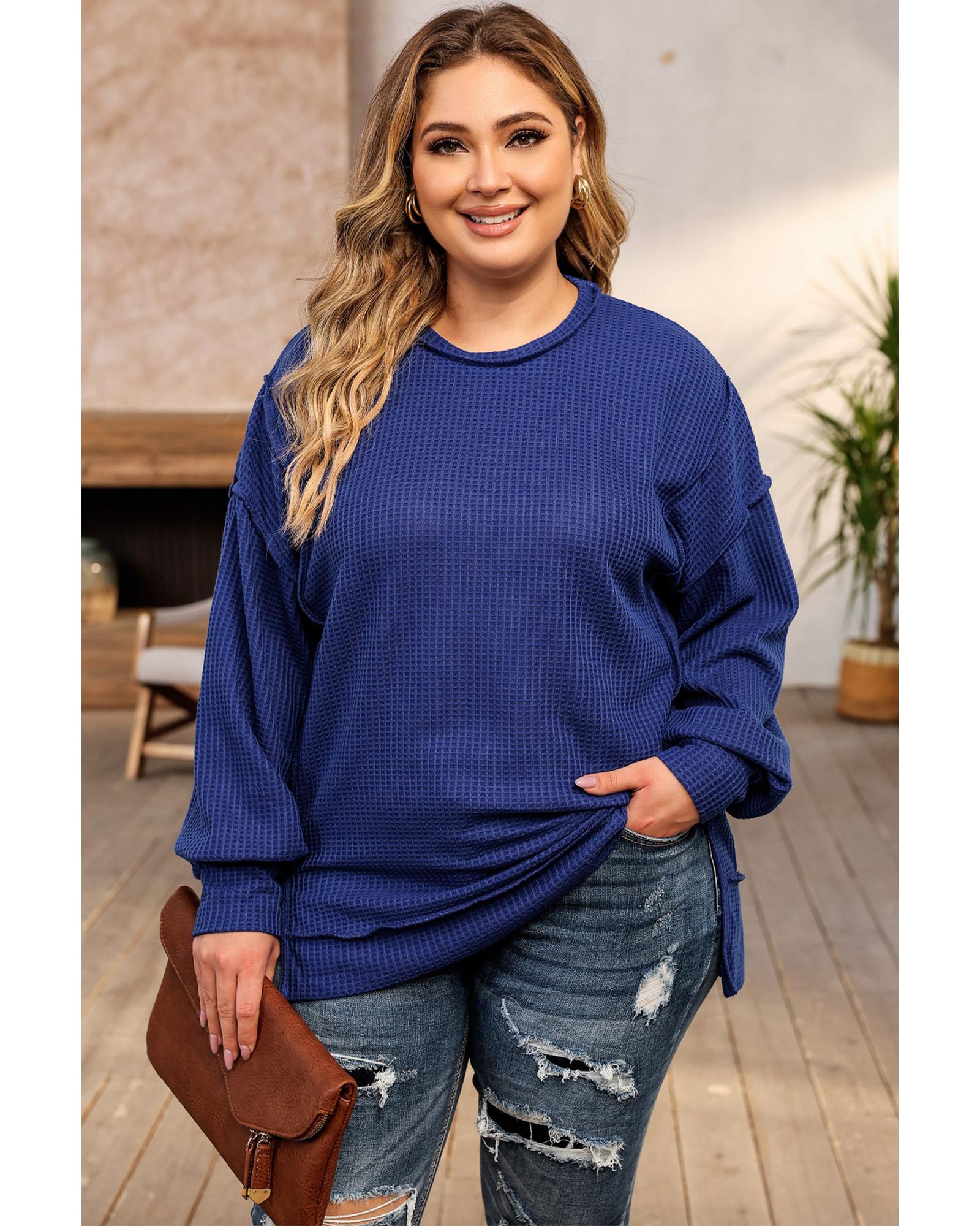 V539-AZEXPL2511154-5-2X-202508310640-06 Azura Exchange Blue Plus Size Waffle Knit Oversized Exposed Seam Top - 2X - Image 7