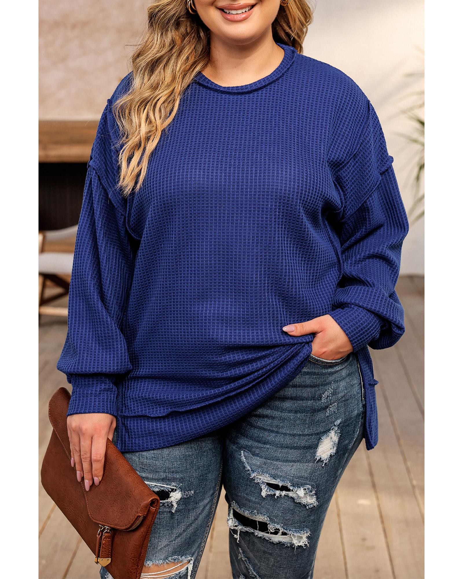 V539-AZEXPL2511154-5-2X-202508310640-07 Azura Exchange Blue Plus Size Waffle Knit Oversized Exposed Seam Top - 2X - Image 8